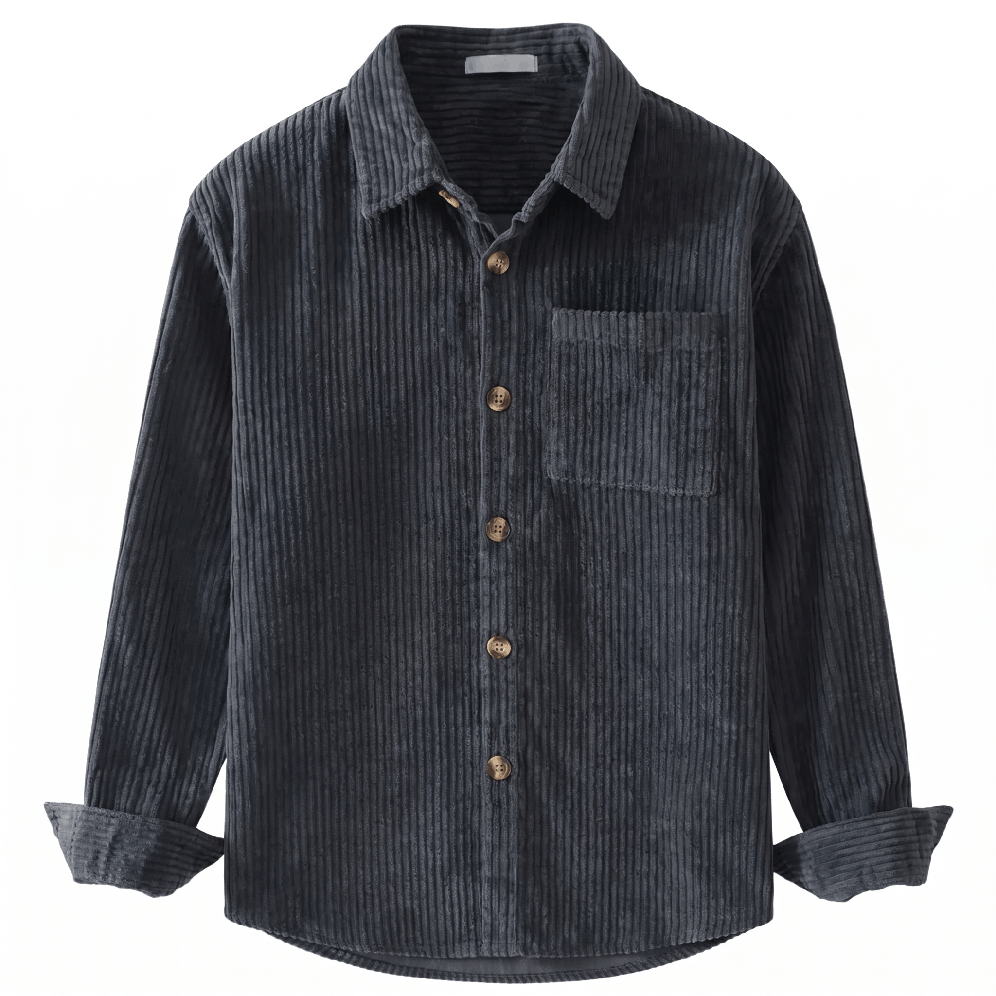 Charcoal grey cotton corduroy shirt with broad ribbing, a structured point collar, chest pocket, and relaxed fit.