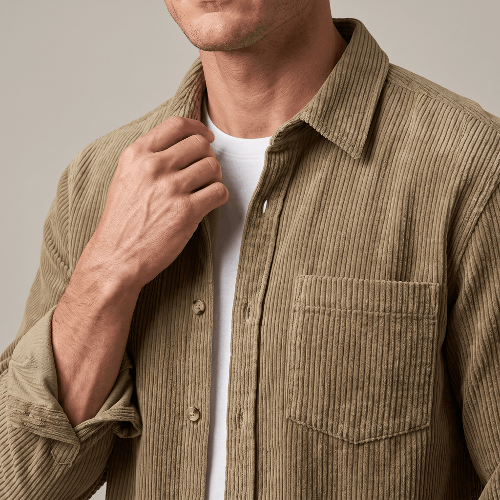 Relaxed-fit olive cotton corduroy button-up shirt with broad ribbing, a structured point collar, and a chest pocket.