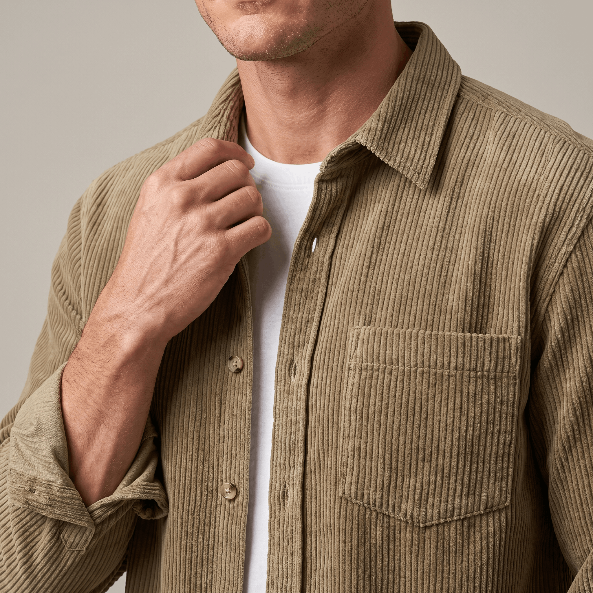 Relaxed-fit olive cotton corduroy button-up shirt with broad ribbing, a structured point collar, and a chest pocket.