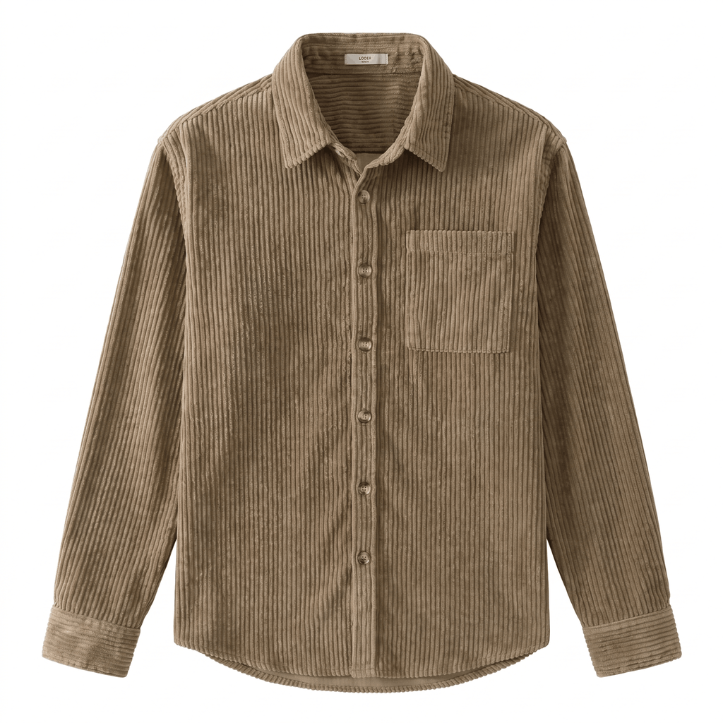 Brown cotton corduroy long-sleeve shirt with a relaxed fit, point collar, button-up front, and chest pocket.