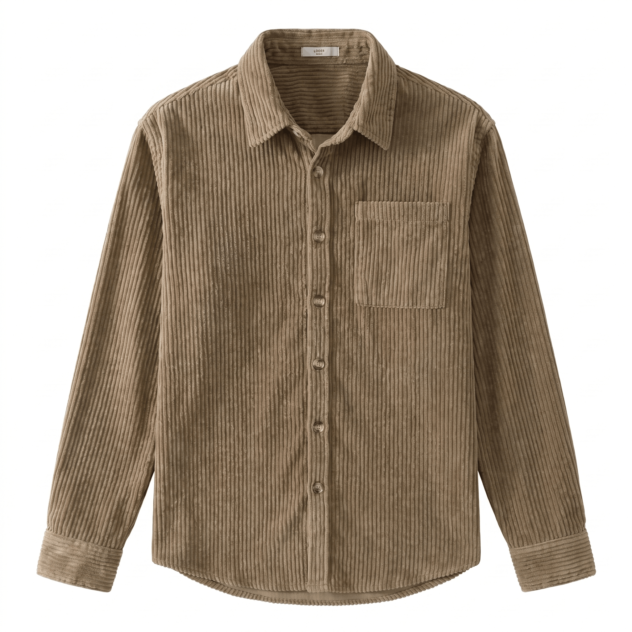 Brown cotton corduroy long-sleeve shirt with a relaxed fit, point collar, button-up front, and chest pocket.