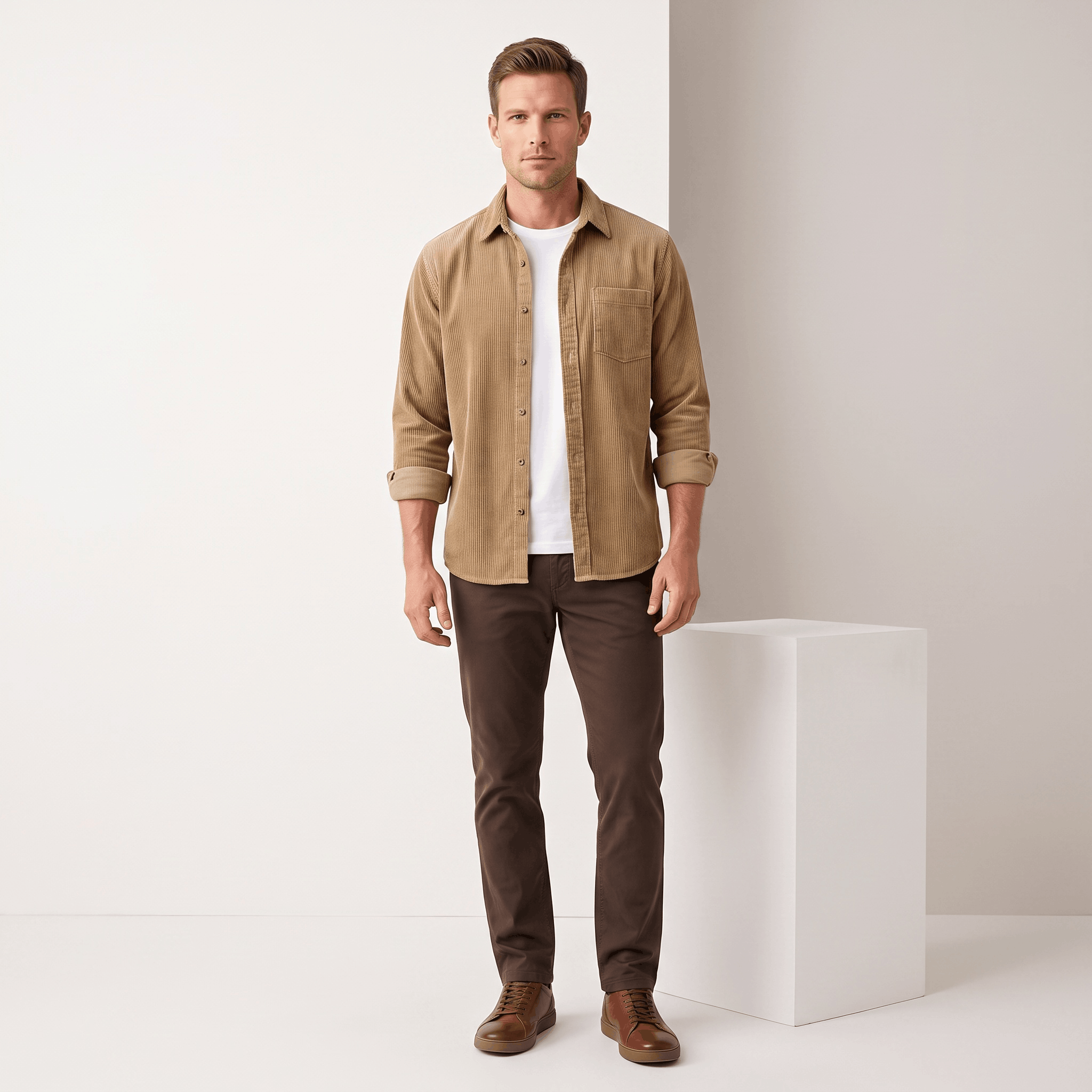 Tan cotton corduroy shirt in a relaxed fit, worn open over a white tee with dark brown chinos.