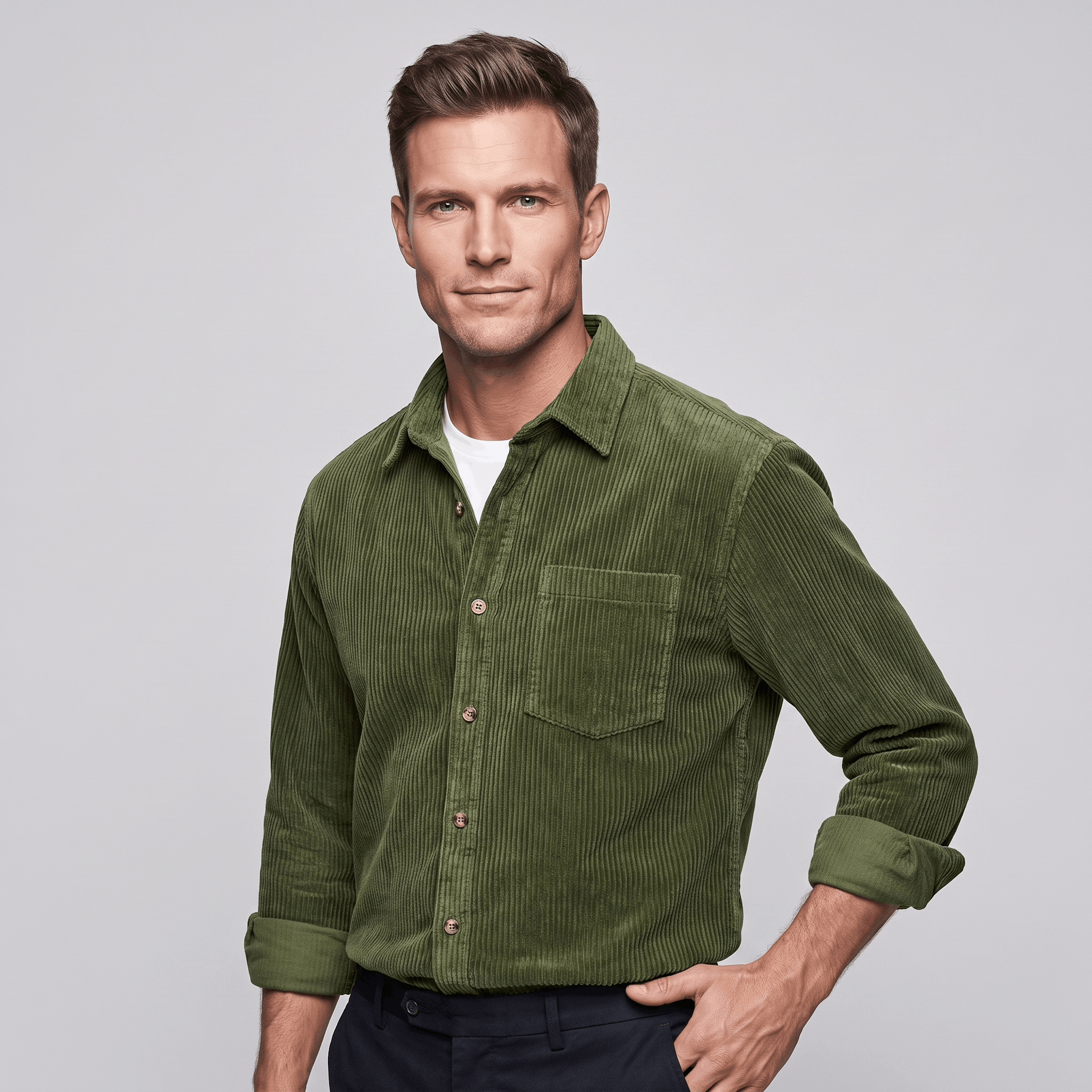 Olive green cotton corduroy shirt in a relaxed fit with a point collar, chest pocket, and button-up front over a white tee.