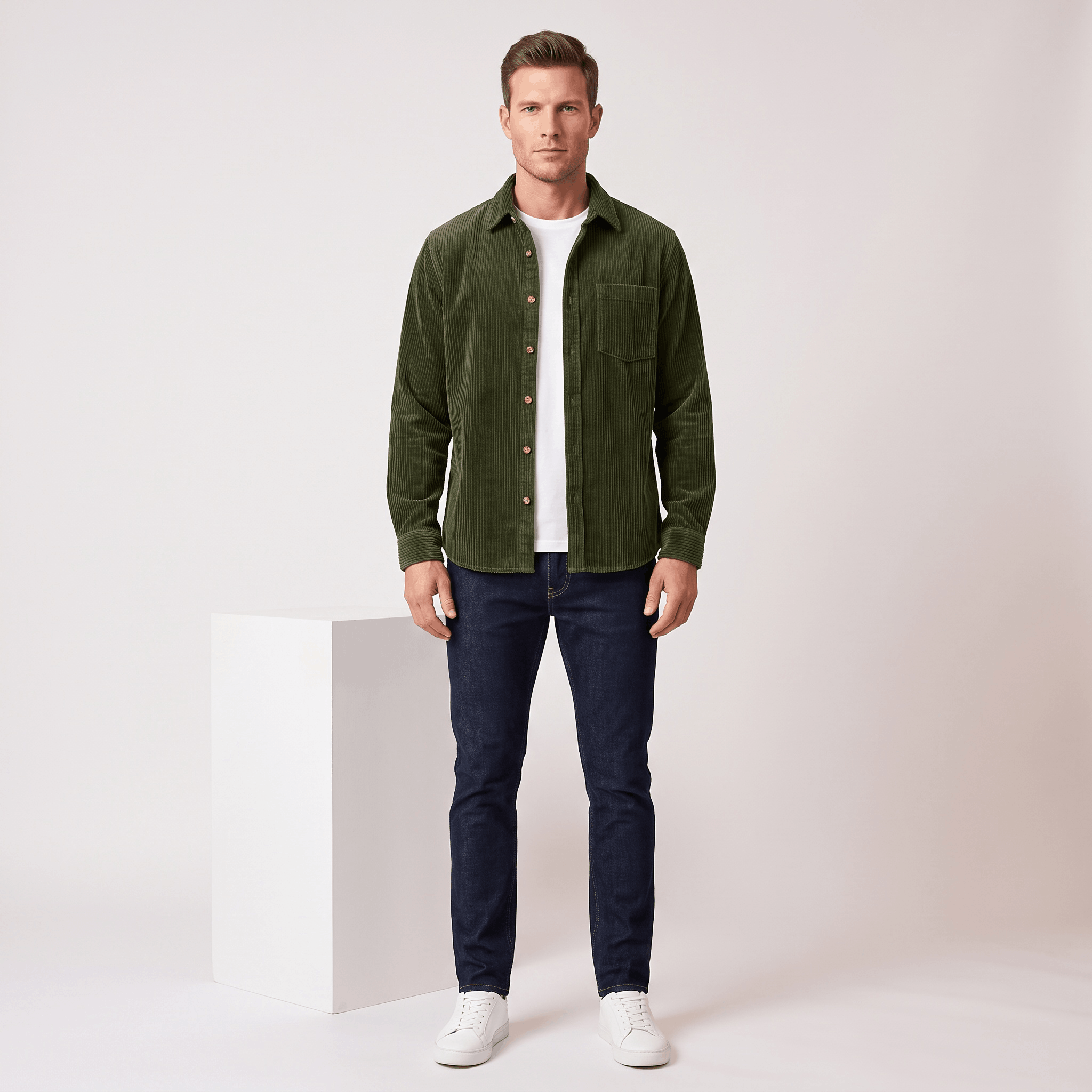 Olive green cotton corduroy shirt with broad ribbing, chest pocket, and relaxed fit worn open over a white tee.