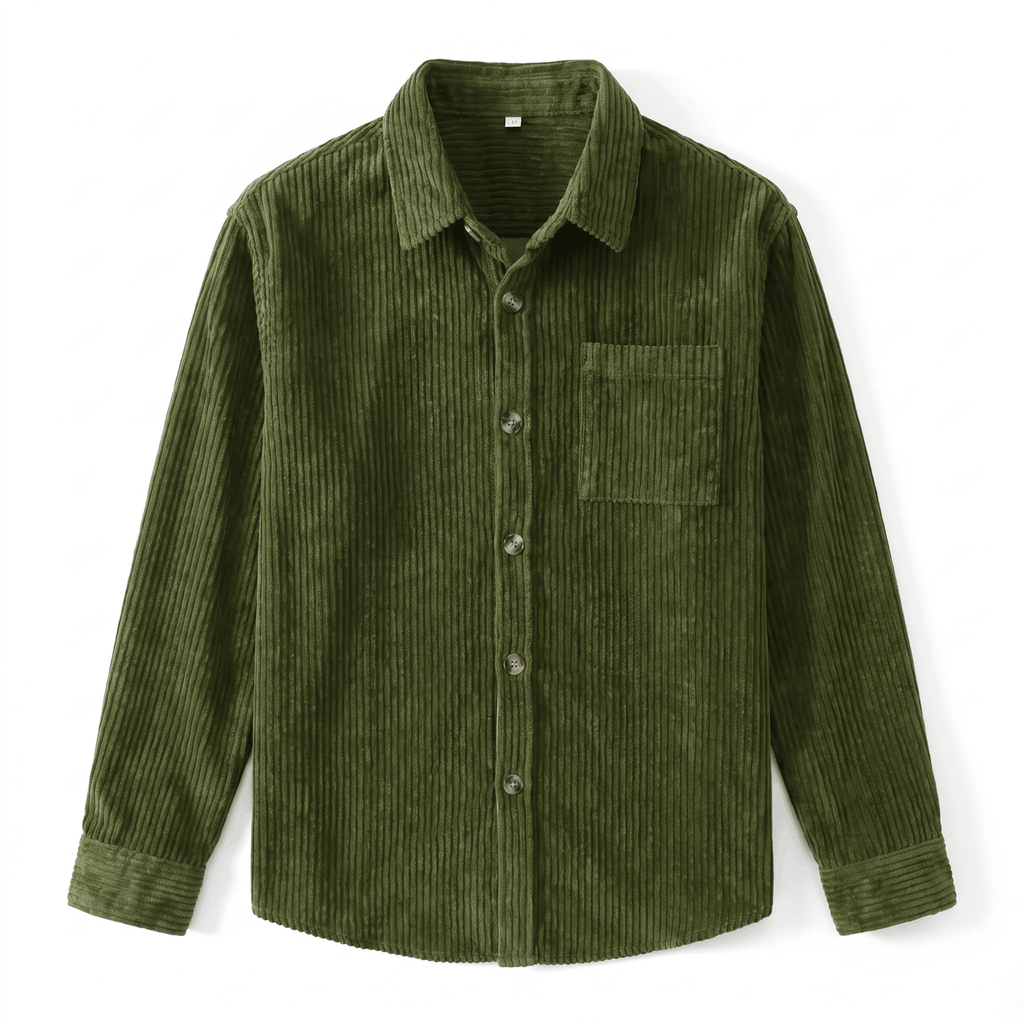 Olive green cotton corduroy button-up shirt with broad ribbing, a structured point collar, and a single chest pocket.