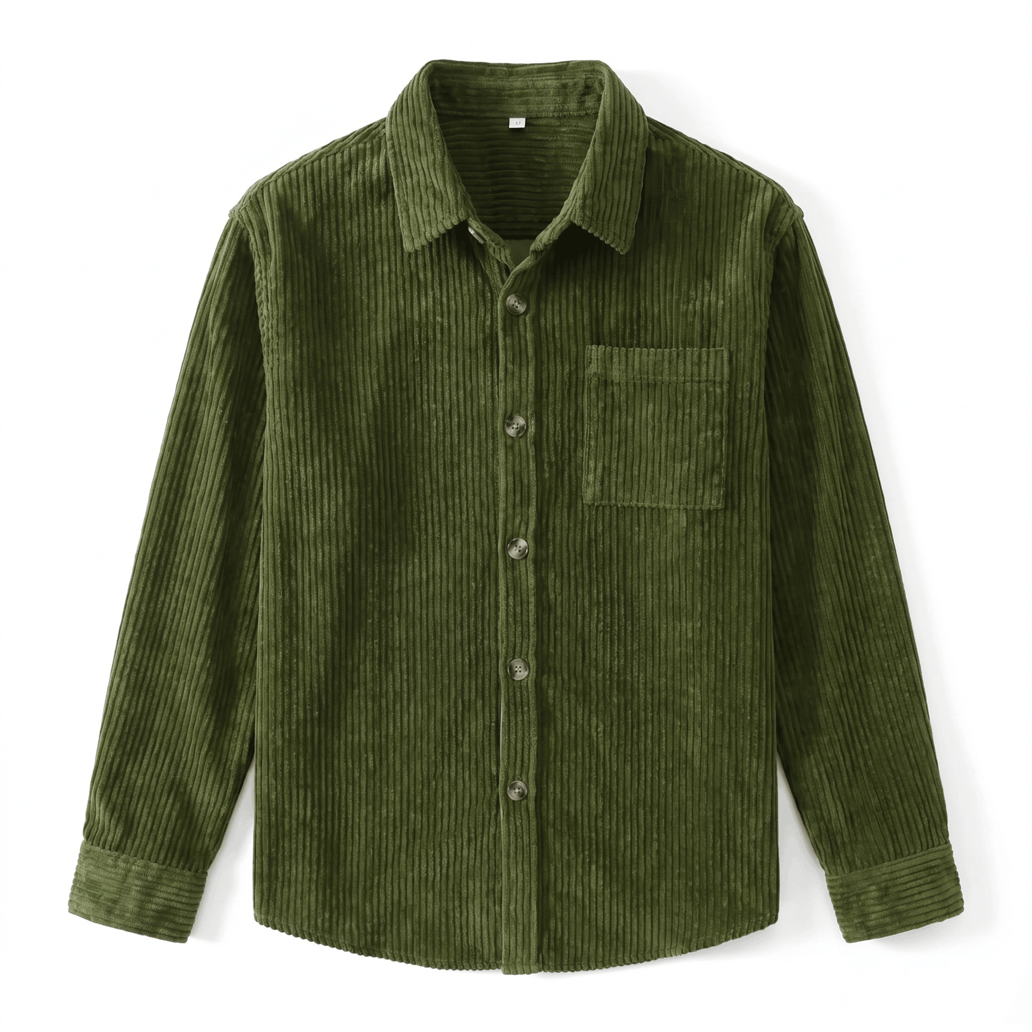 Olive green cotton corduroy button-up shirt with broad ribbing, a structured point collar, and a single chest pocket.