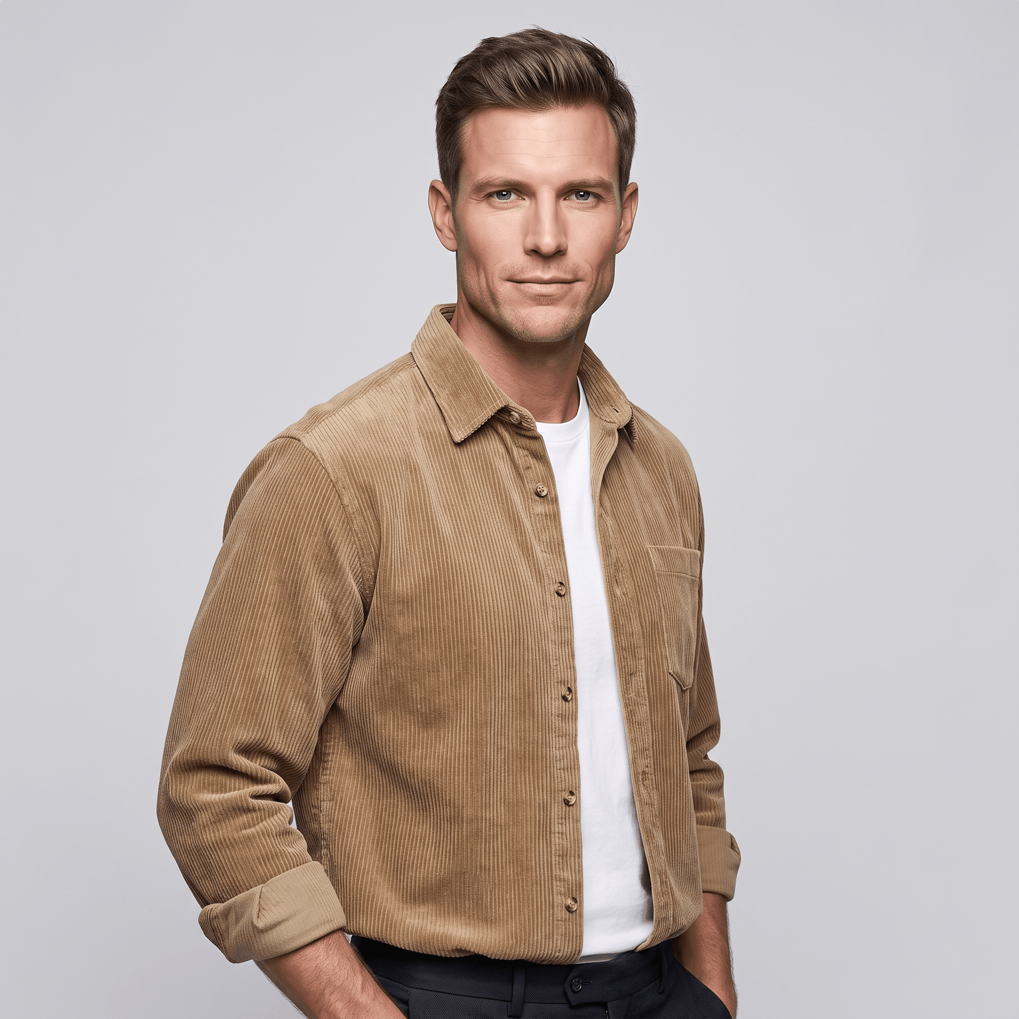 Tan cotton corduroy button-up shirt in a relaxed fit, layered over a white tee with a structured point collar.