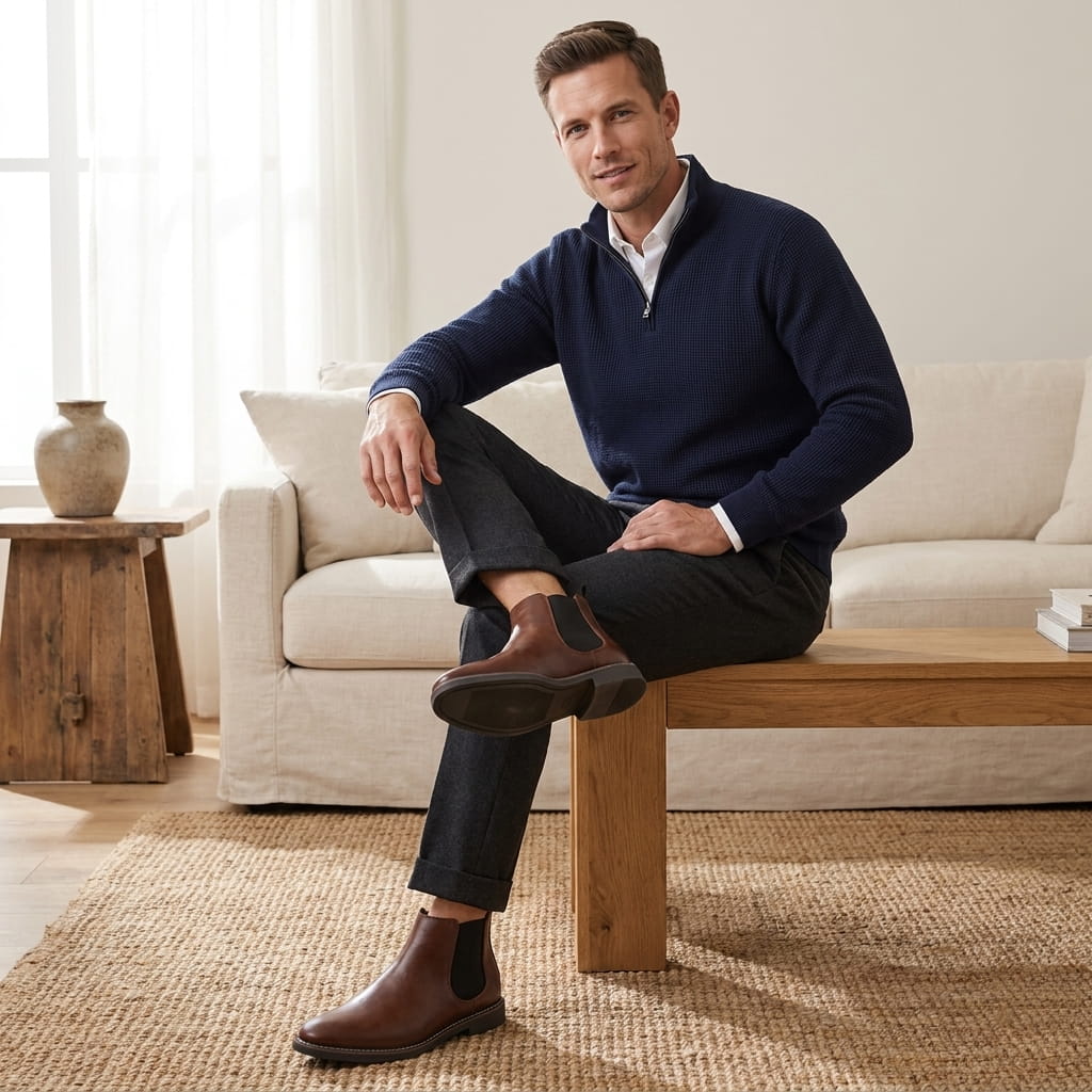 Man wearing black Chelsea boots while seated indoors, showing the side profile and ankle fit.