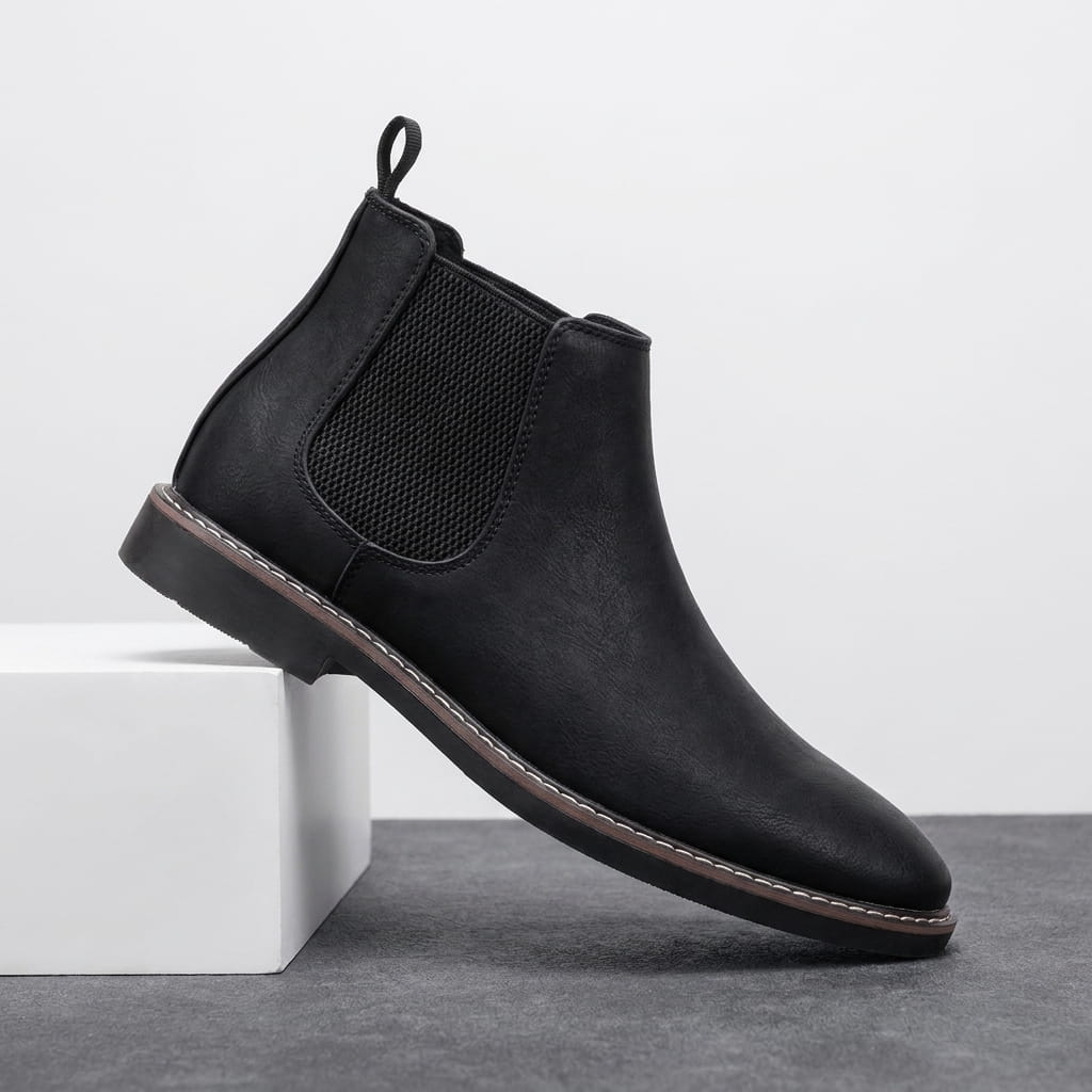 Single black Chelsea boot displayed on a white pedestal, featuring an elastic side panel, pull tab, and textured rubber sole.