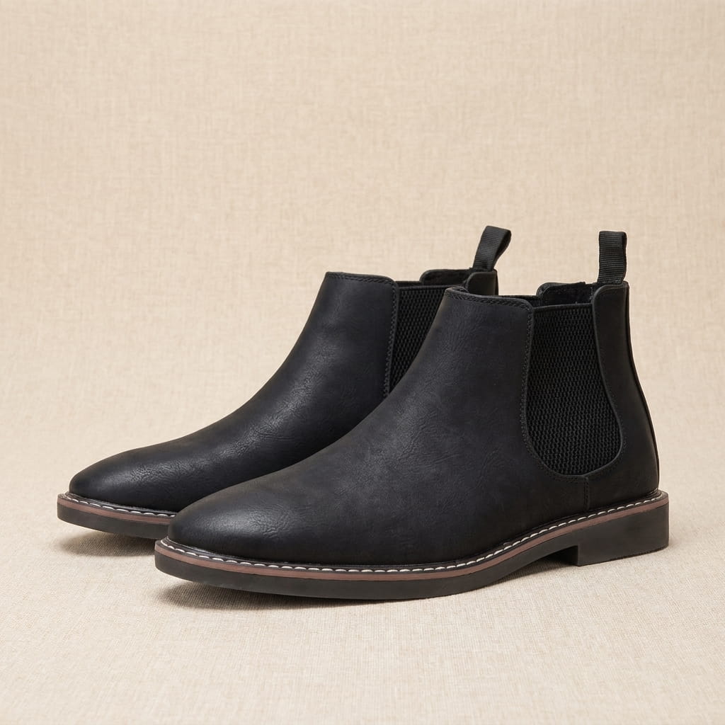 Pair of black Chelsea boots displayed together, showing the elastic side panels, pull tabs, and smooth finish.
