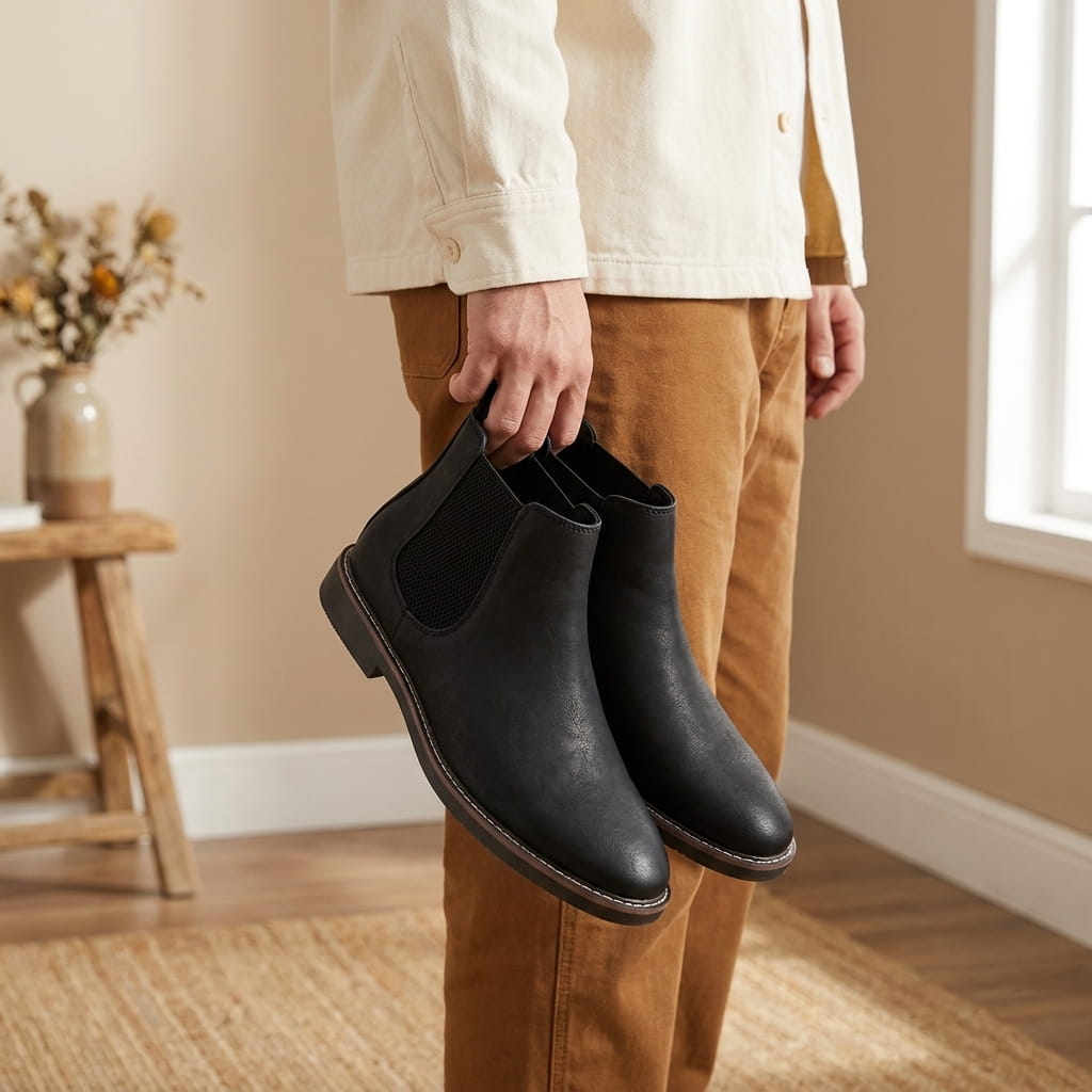 Person holding a pair of black Chelsea boots indoors, highlighting the side panels and pull tabs.