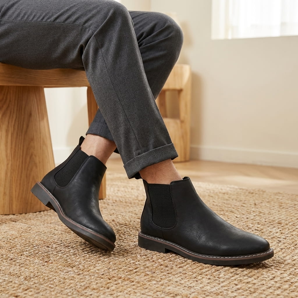 Close-up of a person wearing black Chelsea boots while seated, showing the side profile and rugged sole.