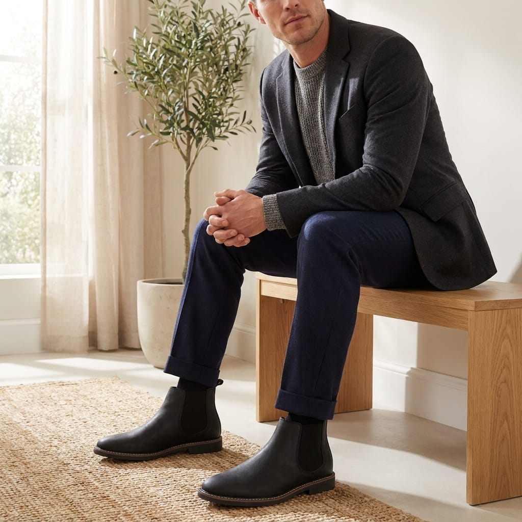 Man wearing black Chelsea boots while seated indoors, highlighting the ankle fit and sleek silhouette.