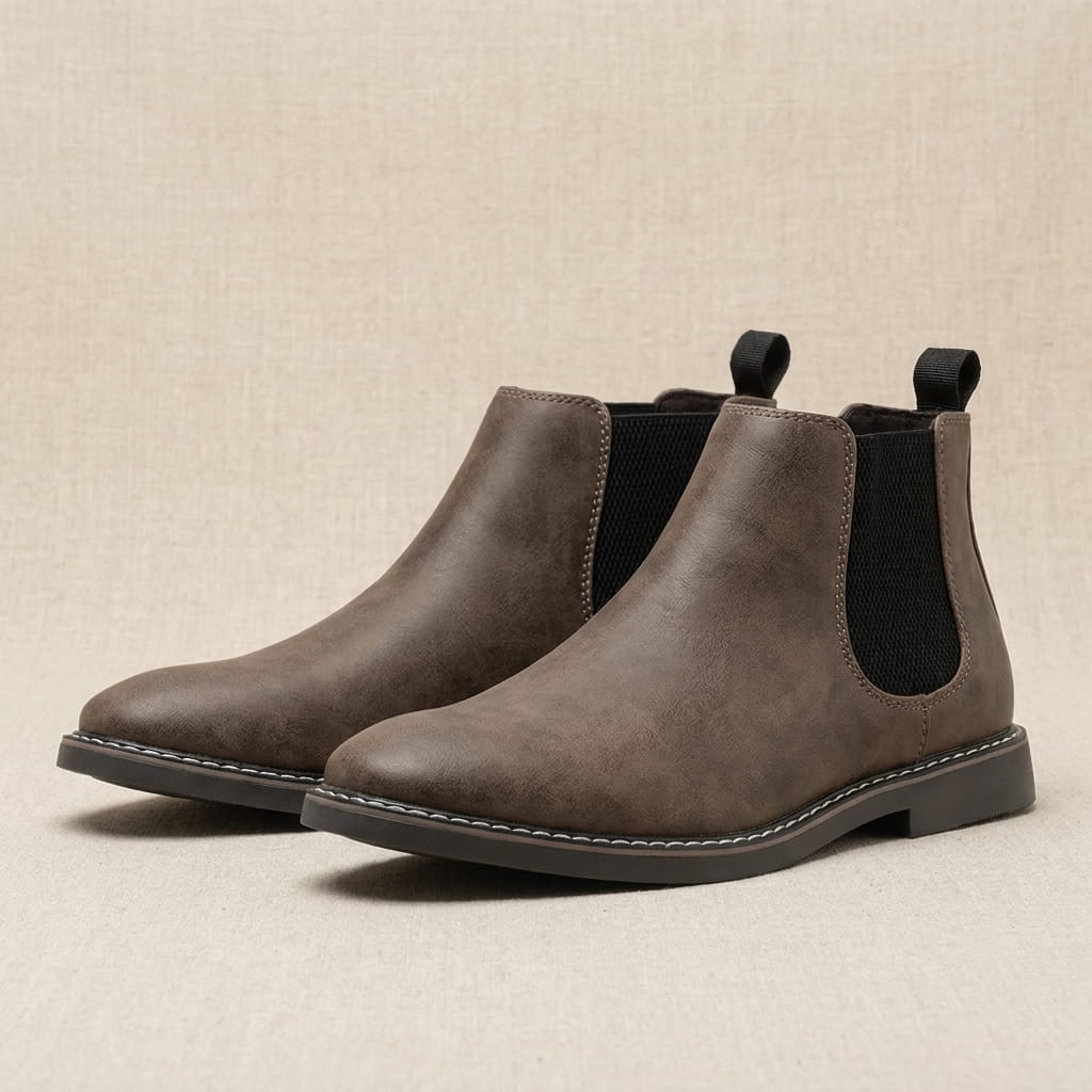 air of brown suede Chelsea boots displayed together, showing the elastic side panels and pull tabs.