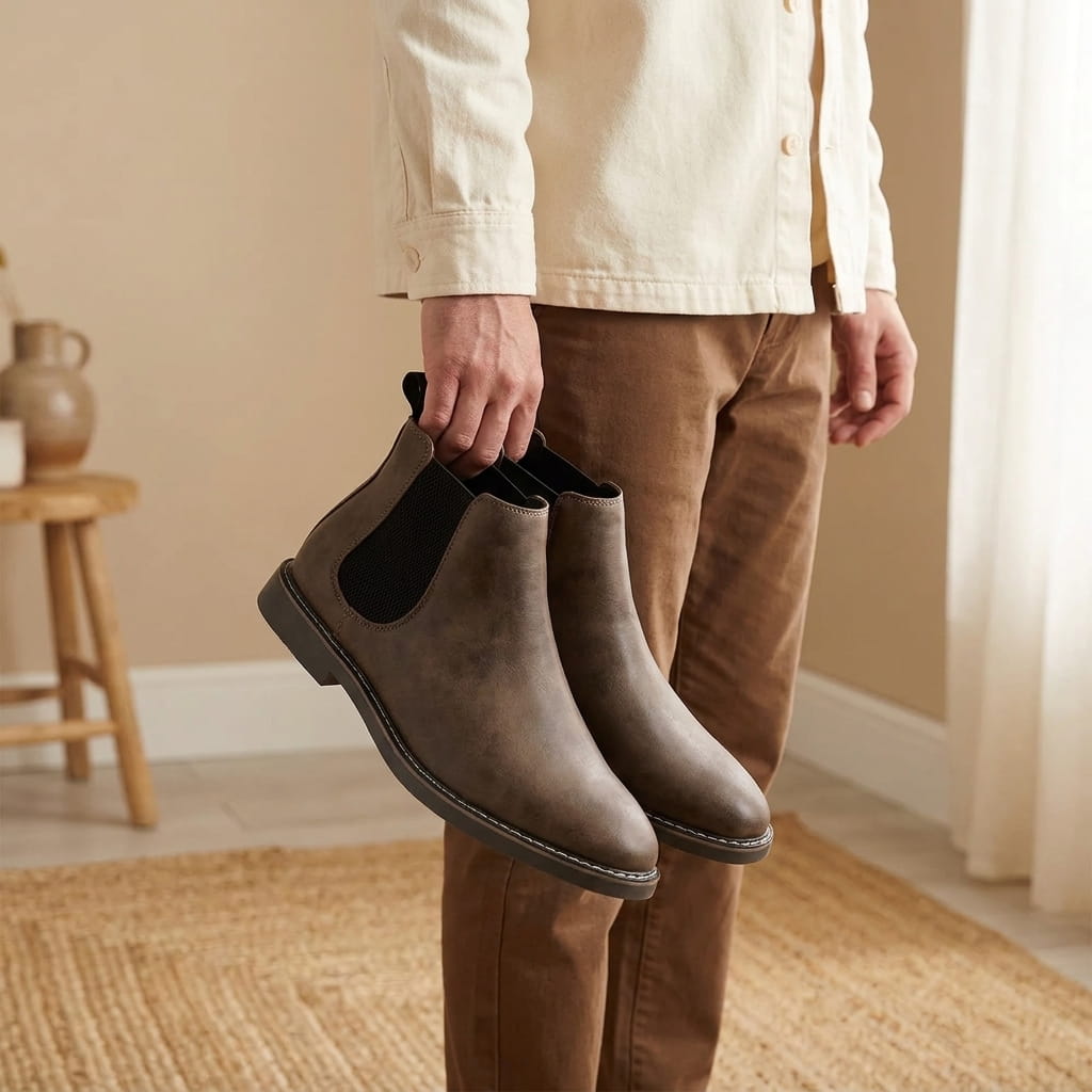 Person holding a pair of brown Chelsea boots by the pull tabs in an indoor setting.