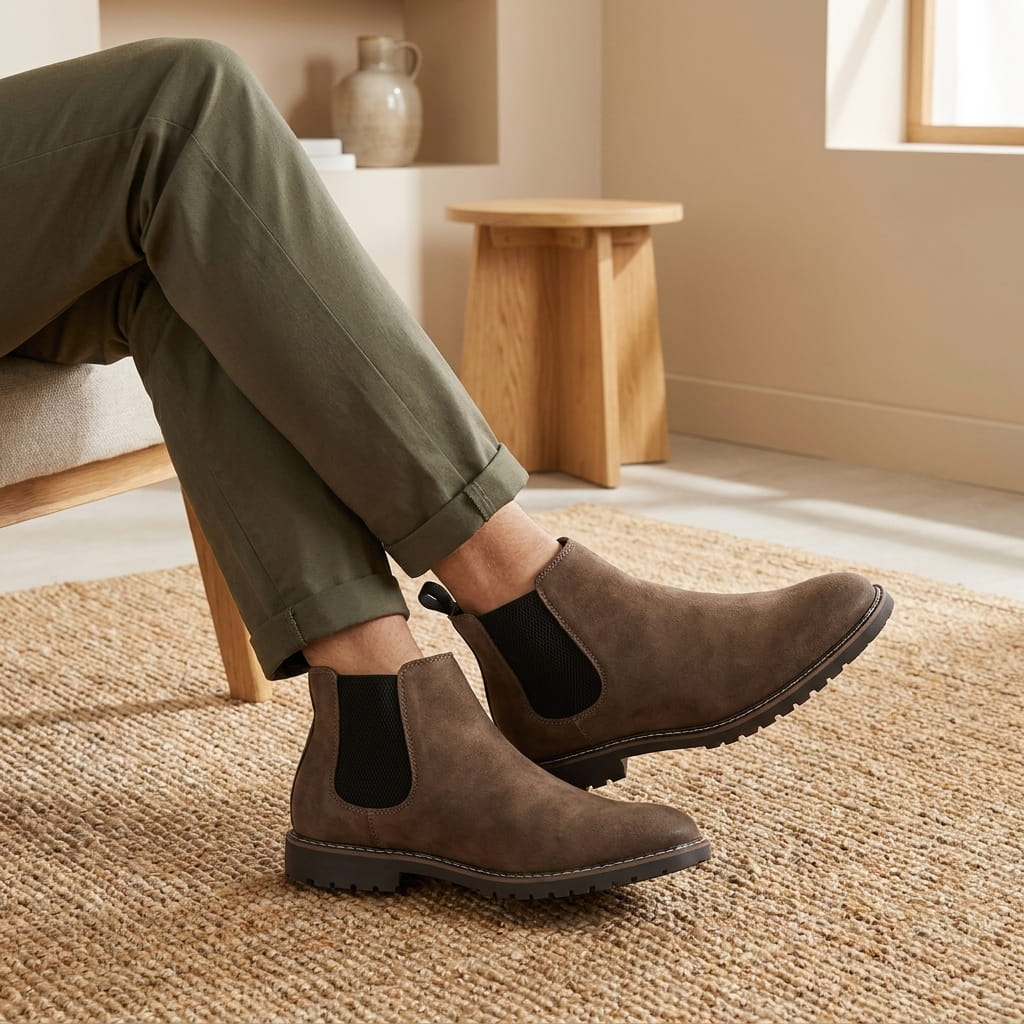 Man wearing brown Chelsea boots while seated indoors, showing the side profile and ankle fit.
