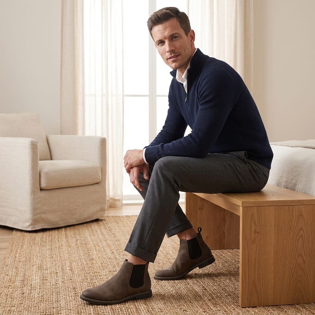 Close-up of a person putting on a brown Chelsea boot while seated.