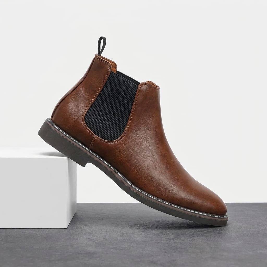 Single brown Chelsea boot displayed on a white pedestal, highlighting the elastic side panel and rugged sole.