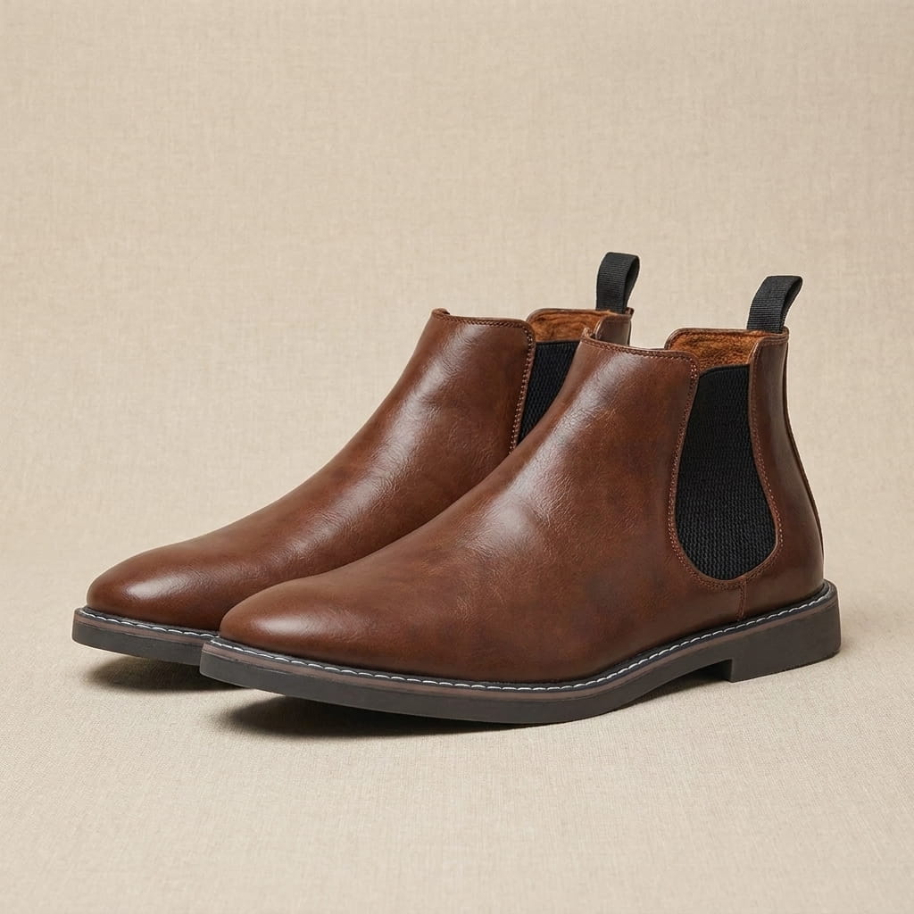 Pair of brown Chelsea boots displayed together, showing the smooth suede finish, elastic panels, and pull tabs.