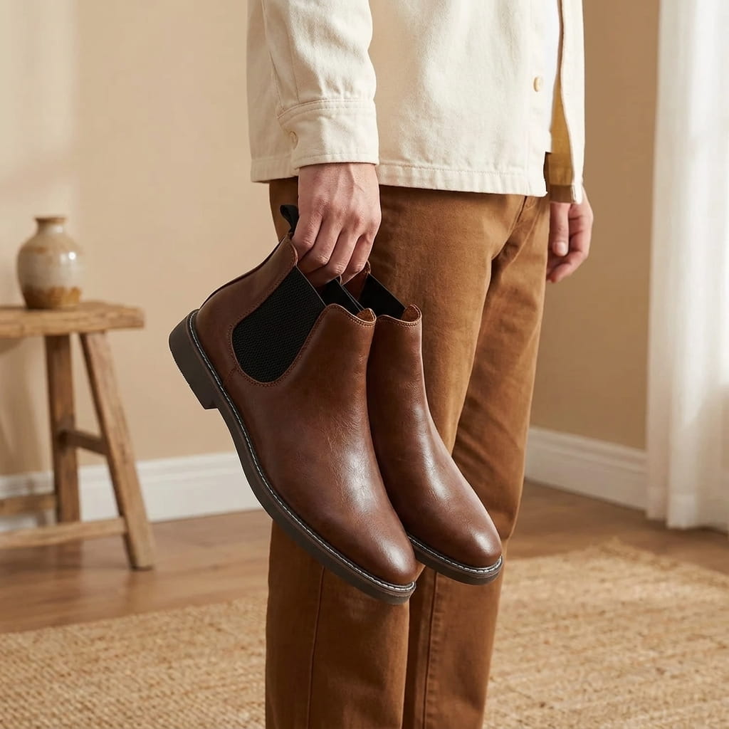 Person holding brown Chelsea boots in an indoor setting, highlighting the side profile and elastic panels.