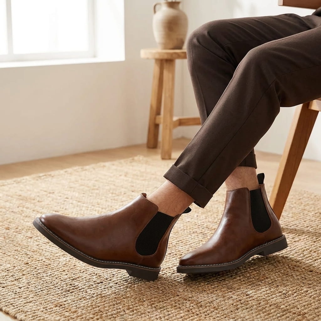 Close-up of a person wearing brown Chelsea boots while seated, showing the side profile and low-profile sole.