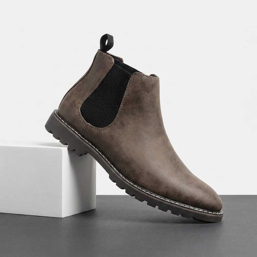 Brown Chelsea boots with elastic side panels, rear pull tabs, smooth suede uppers, and rugged textured rubber soles.
