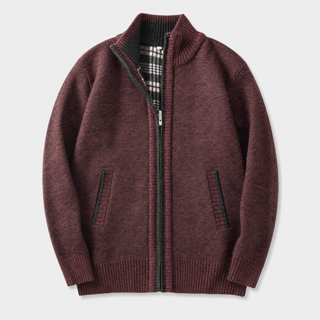 Burgundy textured zip-up jacket with a stand collar, full front zipper, and zippered side pockets.