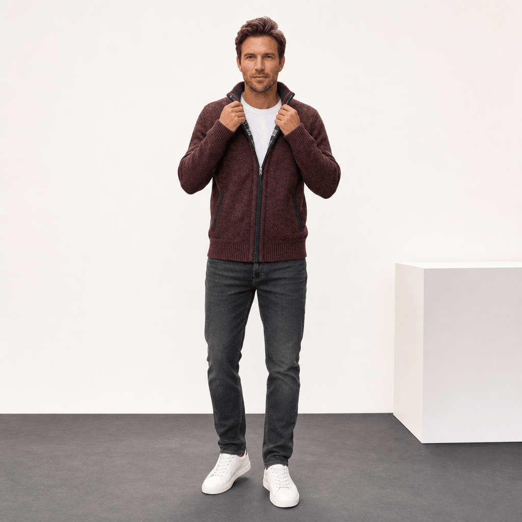 Male model wearing the burgundy jacket with dark pants.
