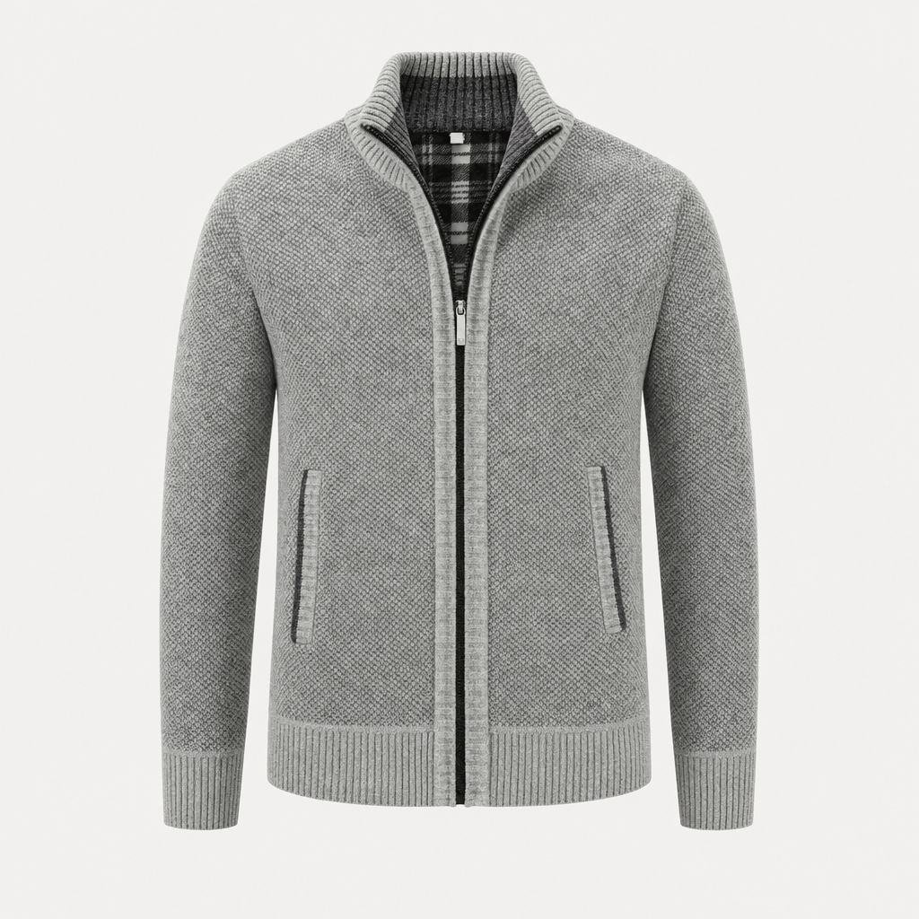 Light gray textured zip-up jacket with a stand collar, full front zipper, and zippered side pockets.