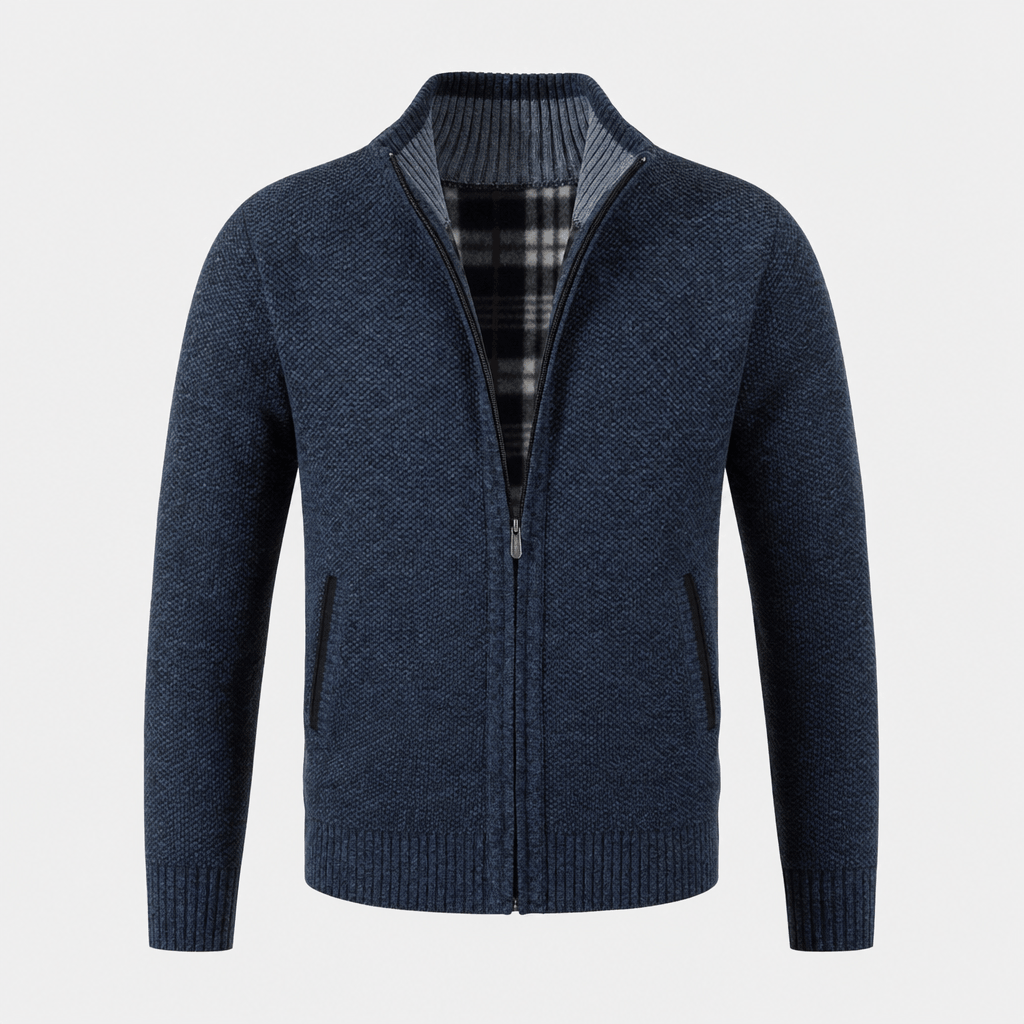Navy blue textured zip-up jacket with a stand collar and full front zipper.
