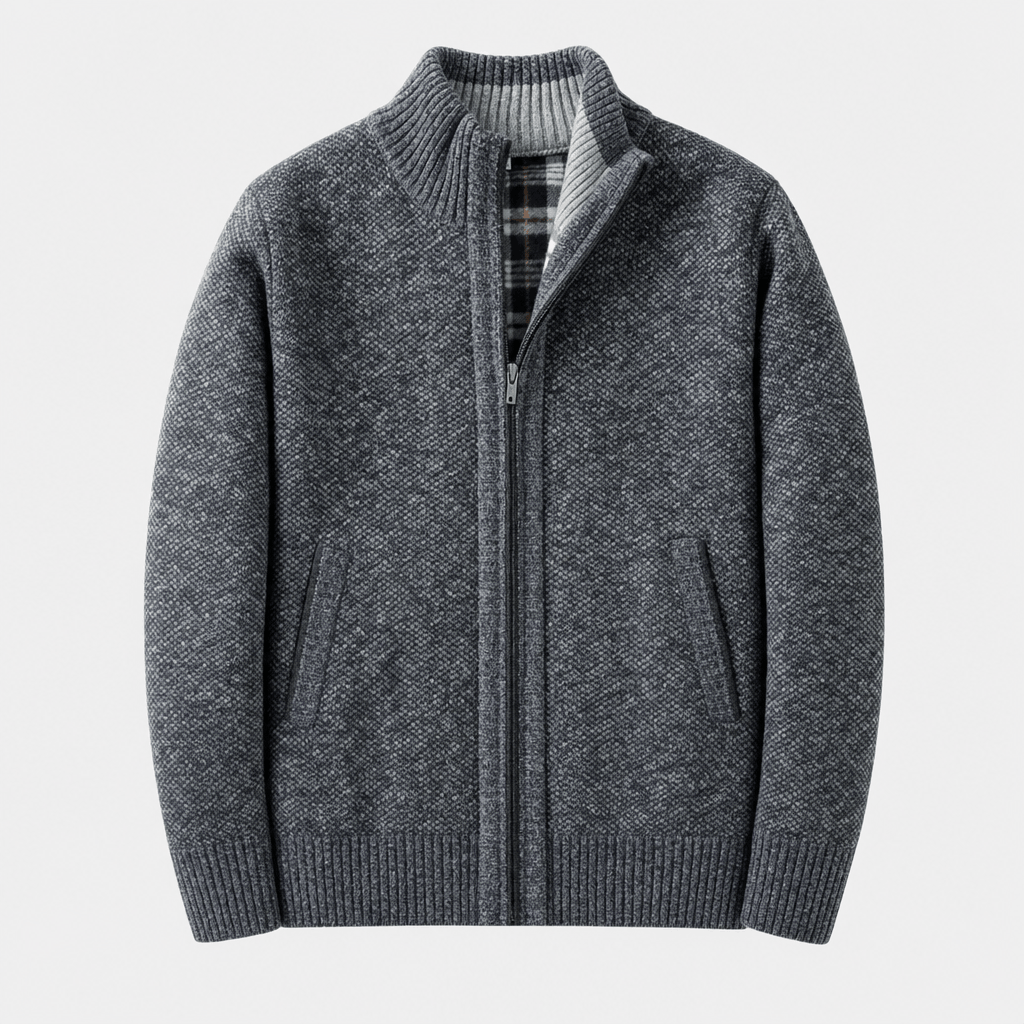 Charcoal gray textured zip-up jacket with a stand collar, full front zipper, and zippered side pockets.