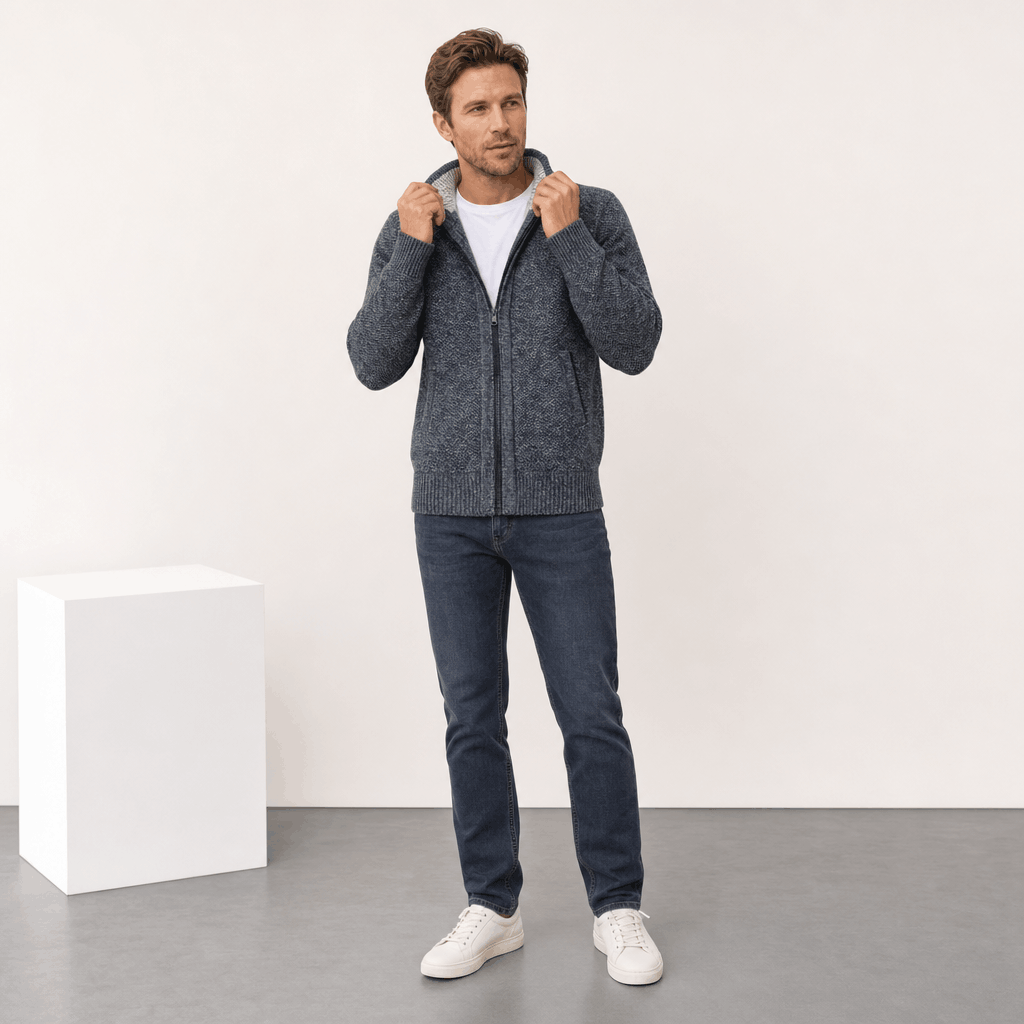 Male model wearing the charcoal gray jacket with dark pants.