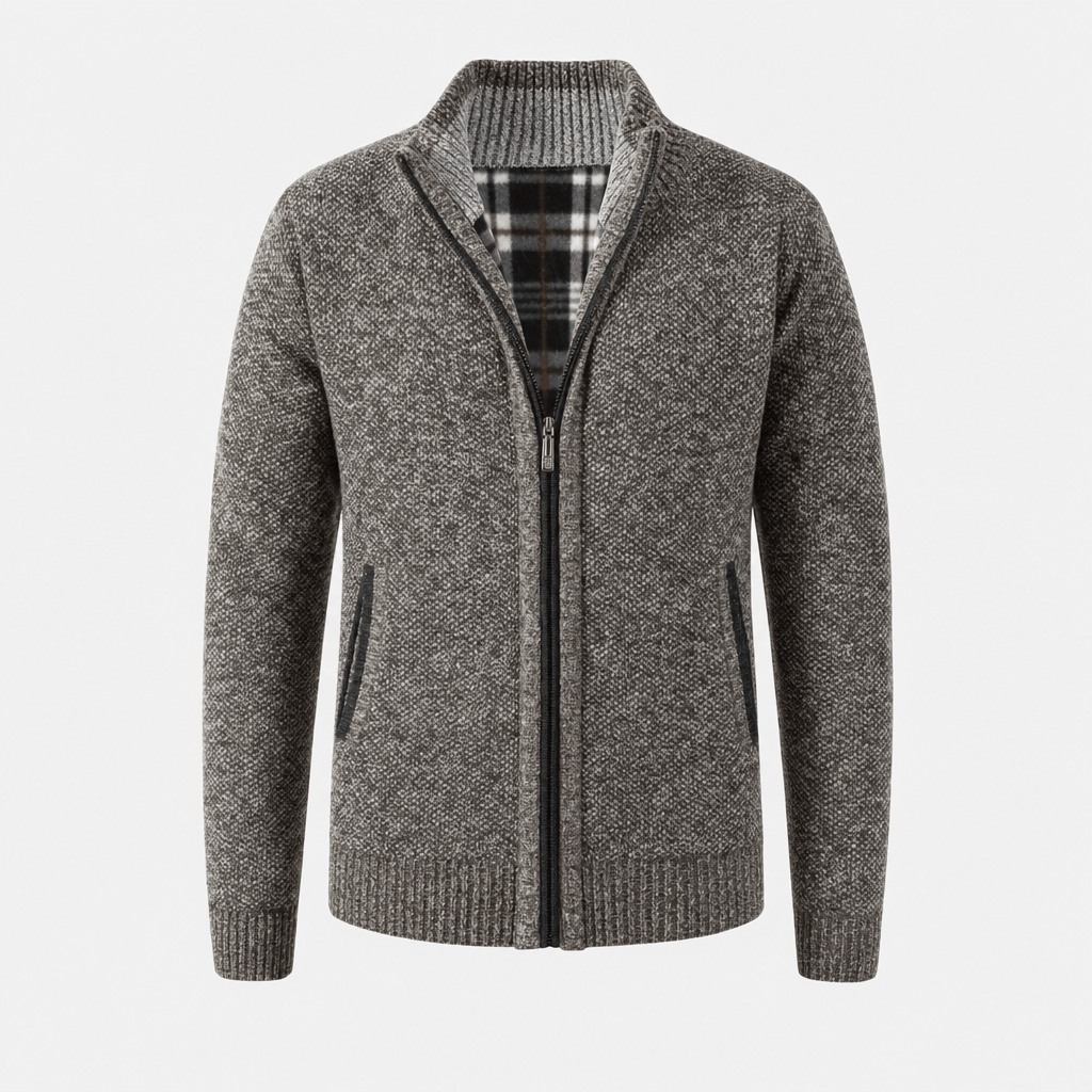 Charcoal gray textured zip-up jacket with a stand collar, full front zipper, and side pockets.