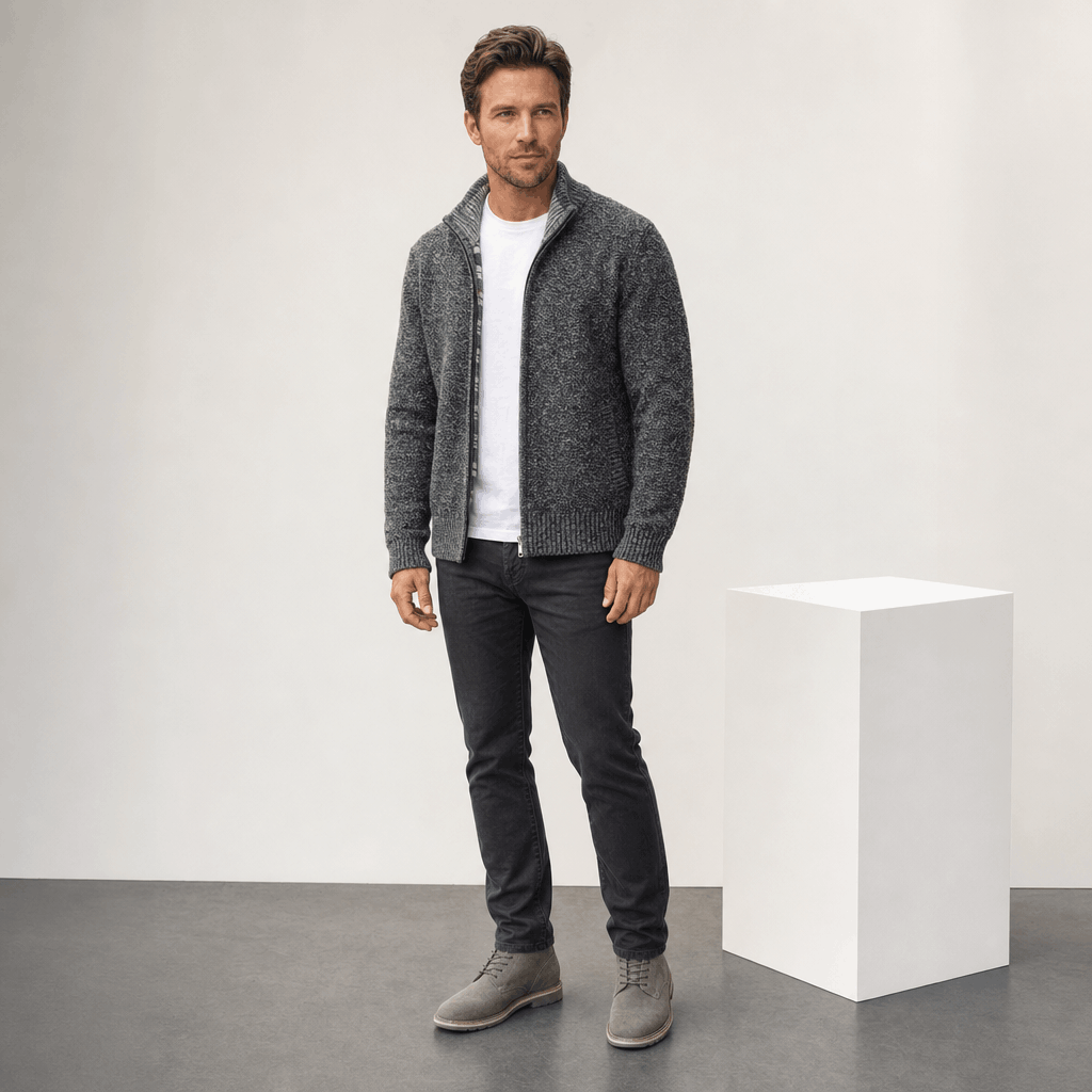 Male model wearing the charcoal gray jacket with dark pants.