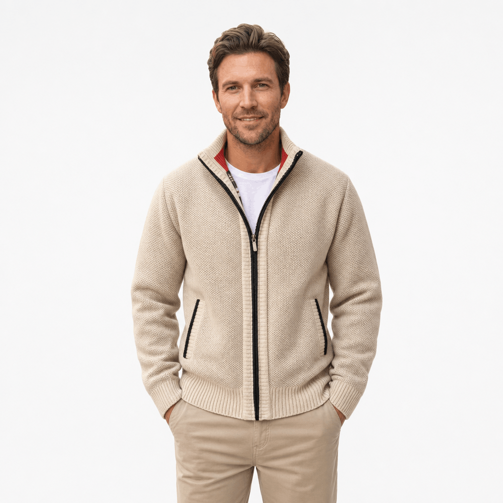 Male model wearing a light beige textured zip-up jacket with a stand collar.