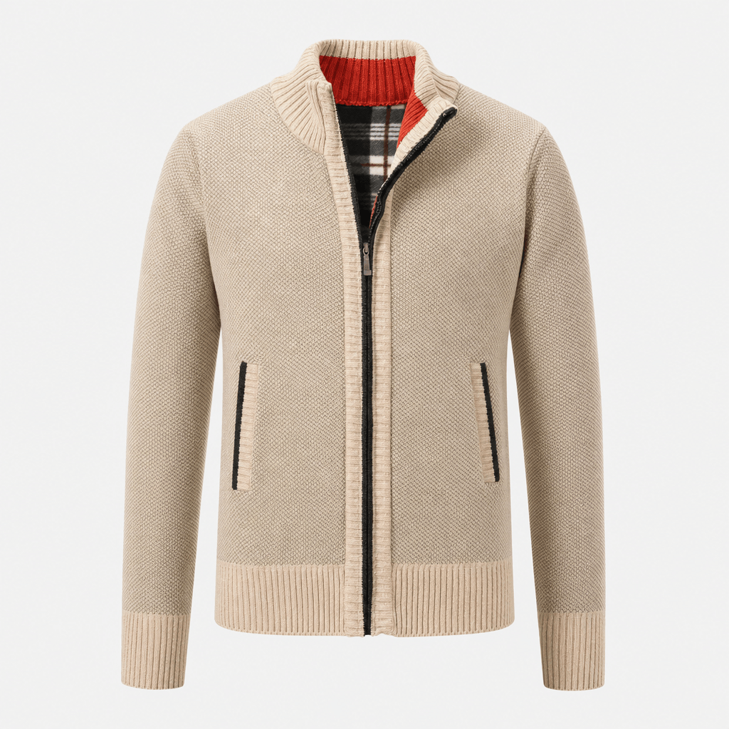 Light beige textured zip-up jacket with a stand collar, full front zipper, and zippered side pockets.