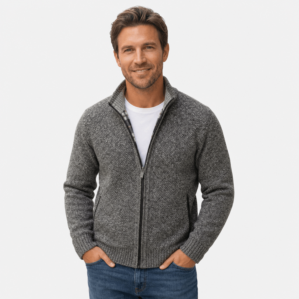 Male model wearing a charcoal gray textured zip-up jacket with a stand collar and side pockets.