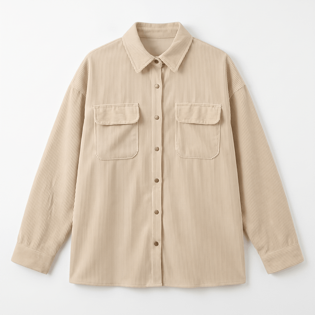 Khaki wide wale corduroy shirt jacket with an oversized fit, drop shoulders, and two buttoned chest flap pockets.