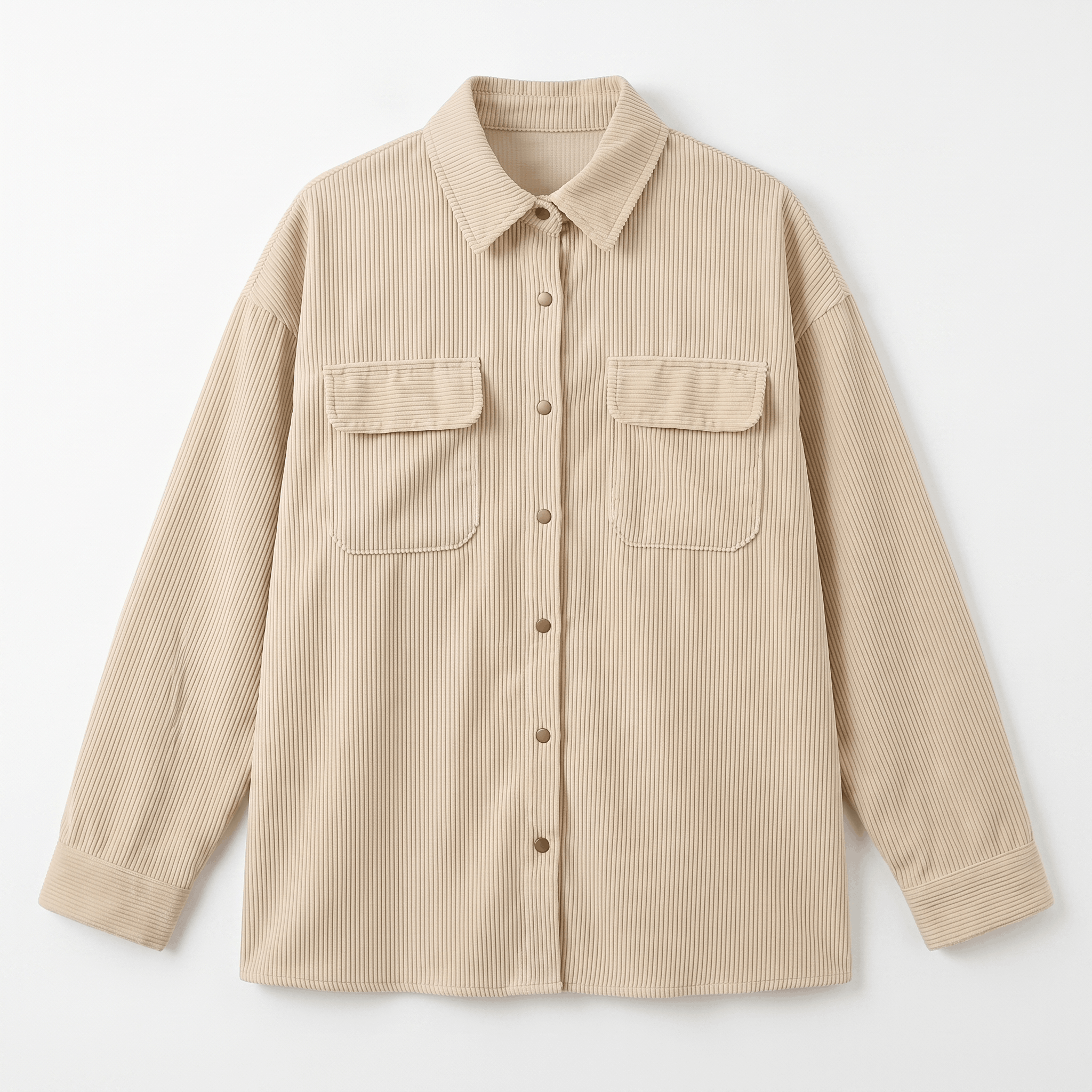 Khaki wide wale corduroy shirt jacket with an oversized fit, drop shoulders, and two buttoned chest flap pockets.