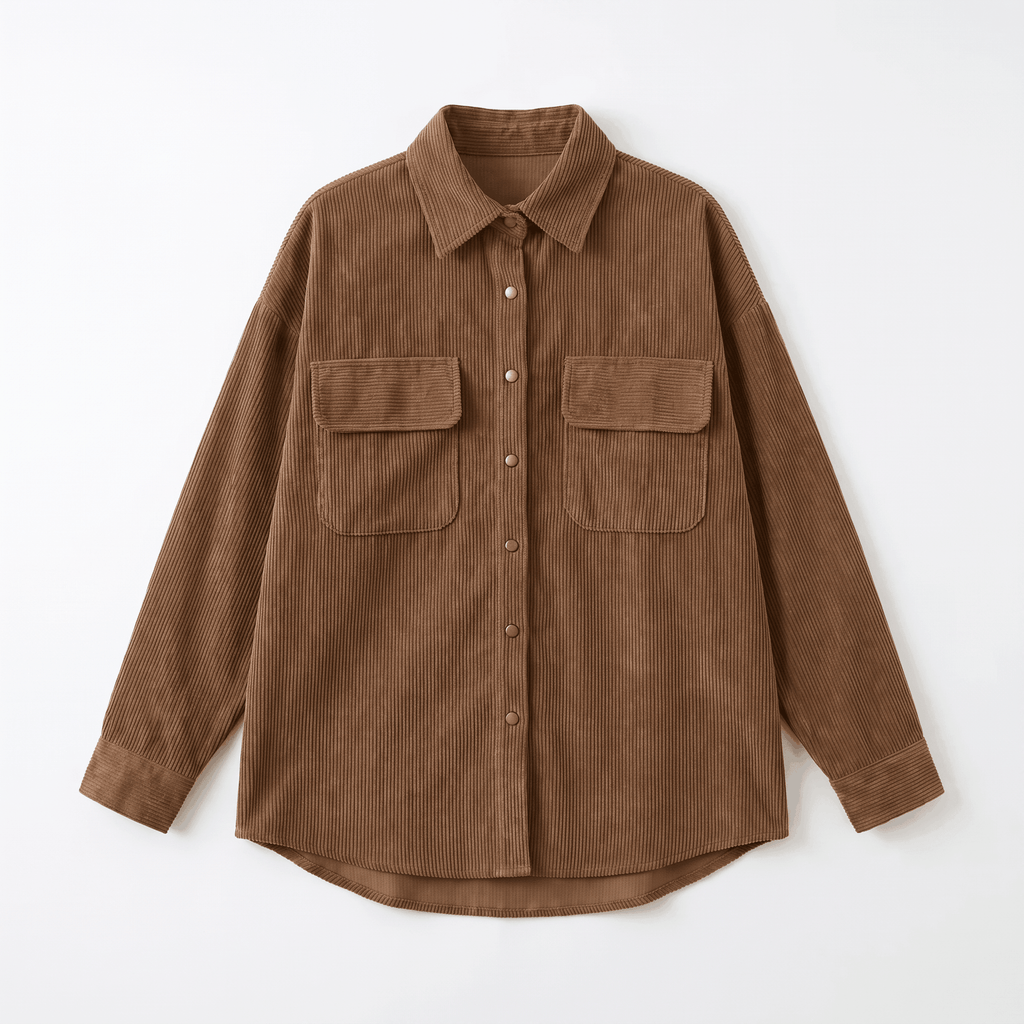 Oversized khaki wide wale corduroy shirt jacket with button-down front, dropped shoulders, and dual chest flap pockets.