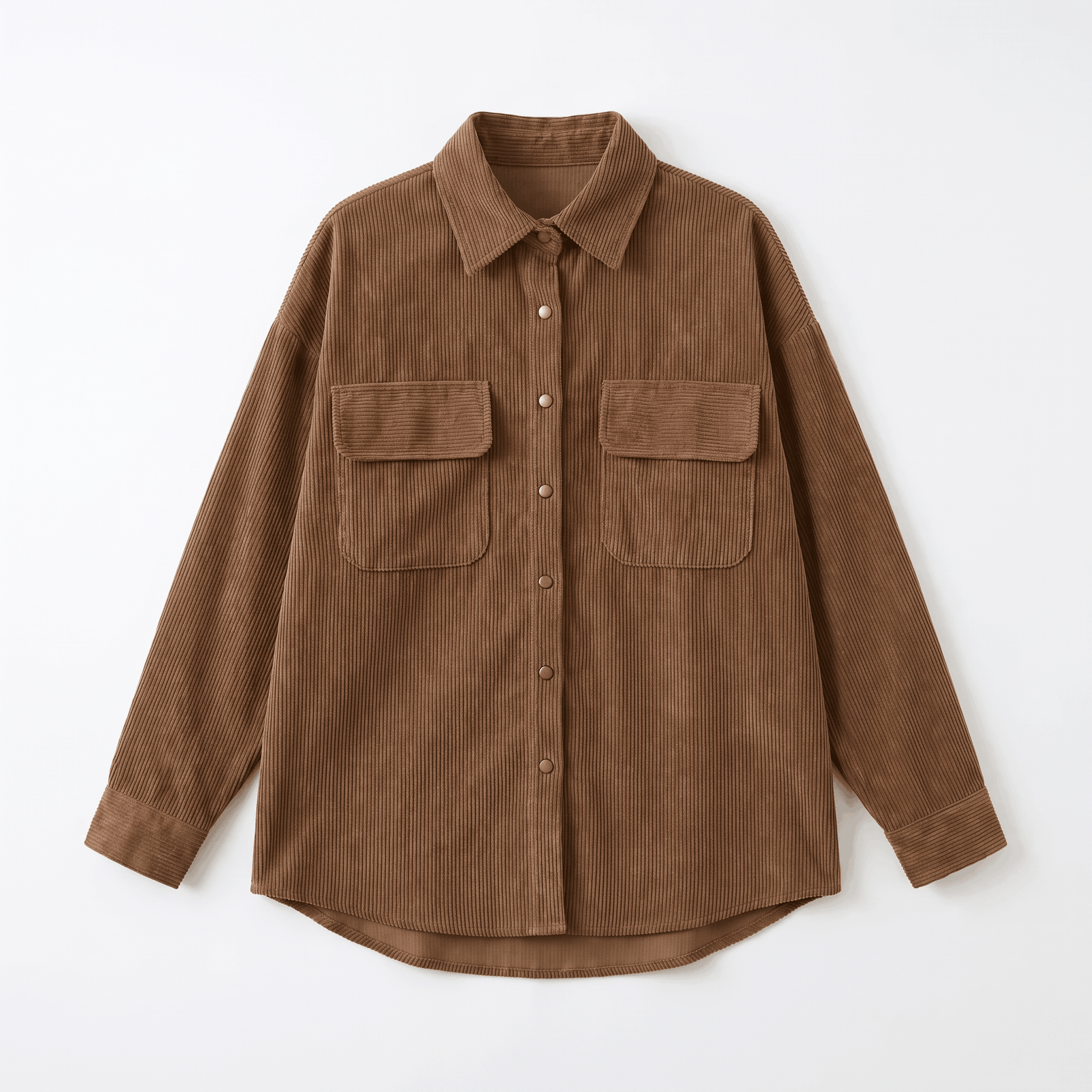 Oversized khaki wide wale corduroy shirt jacket with button-down front, dropped shoulders, and dual chest flap pockets.