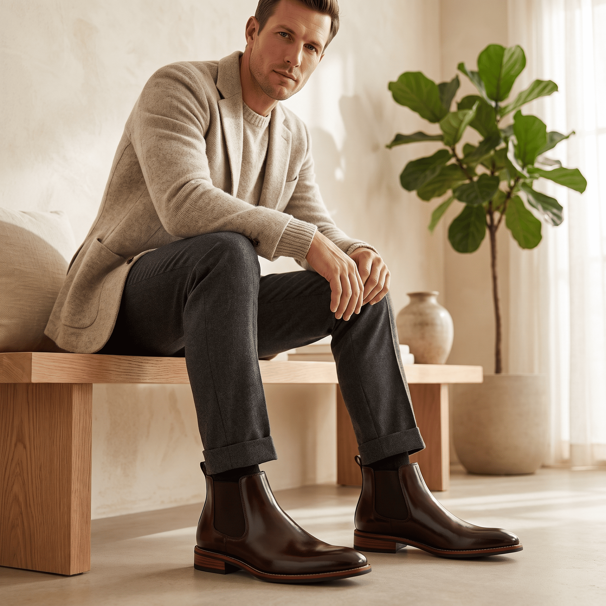 Man wearing brown leather Chelsea boots while seated indoors, highlighting the polished finish and ankle fit.