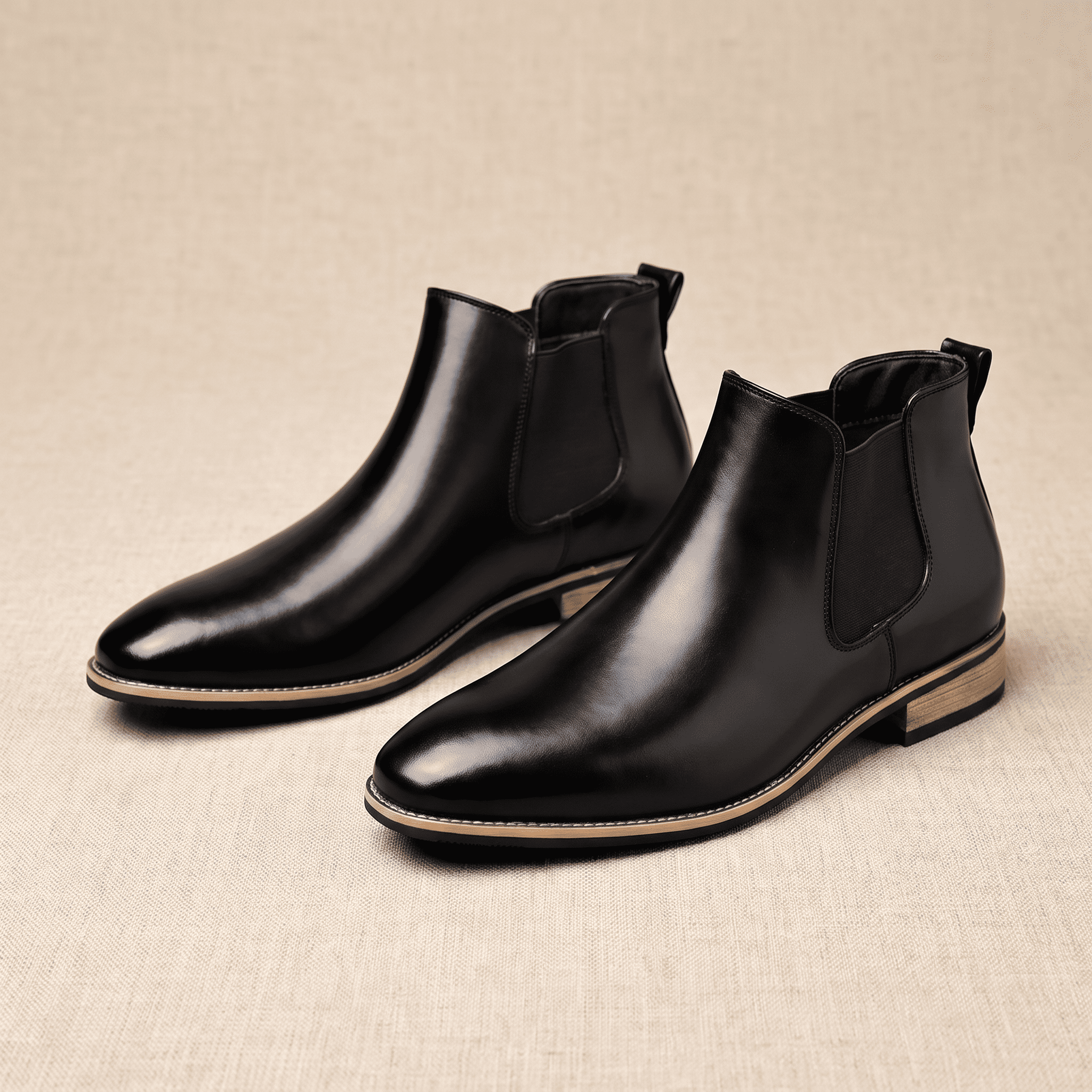 Pair of black leather Chelsea boots displayed together, highlighting the elastic side panels and sleek silhouette.