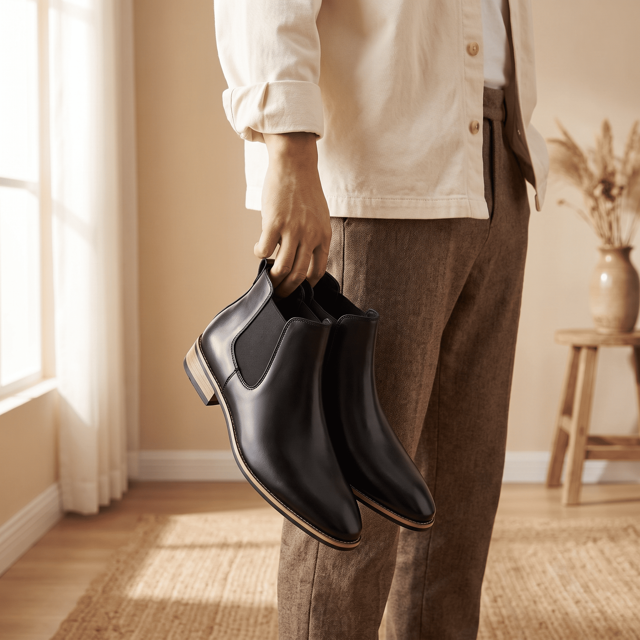 Person holding black Chelsea boots indoors, showing the pull tabs and side panels.
