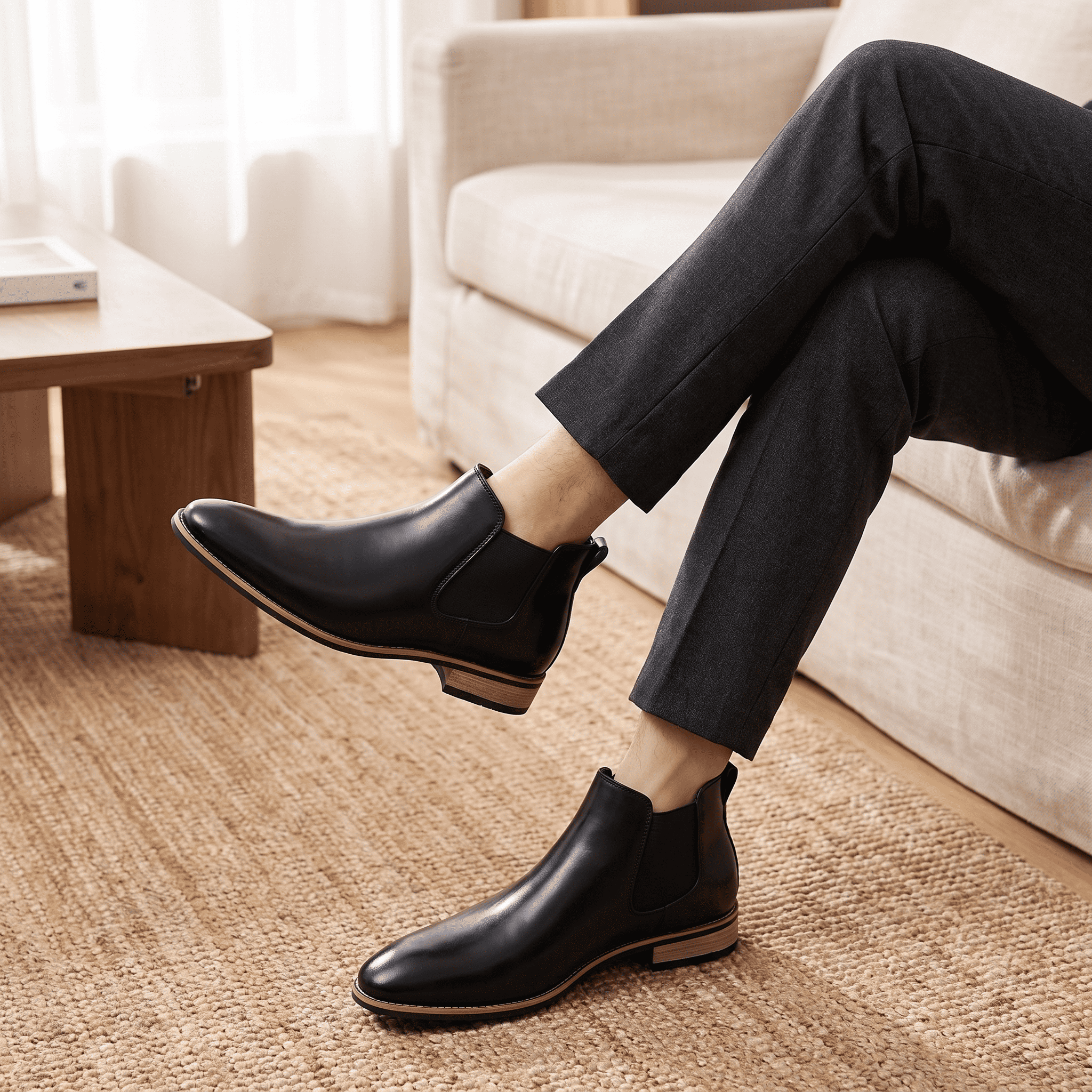 Close-up of a person wearing black Chelsea boots while seated, highlighting the side profile and polished finish.