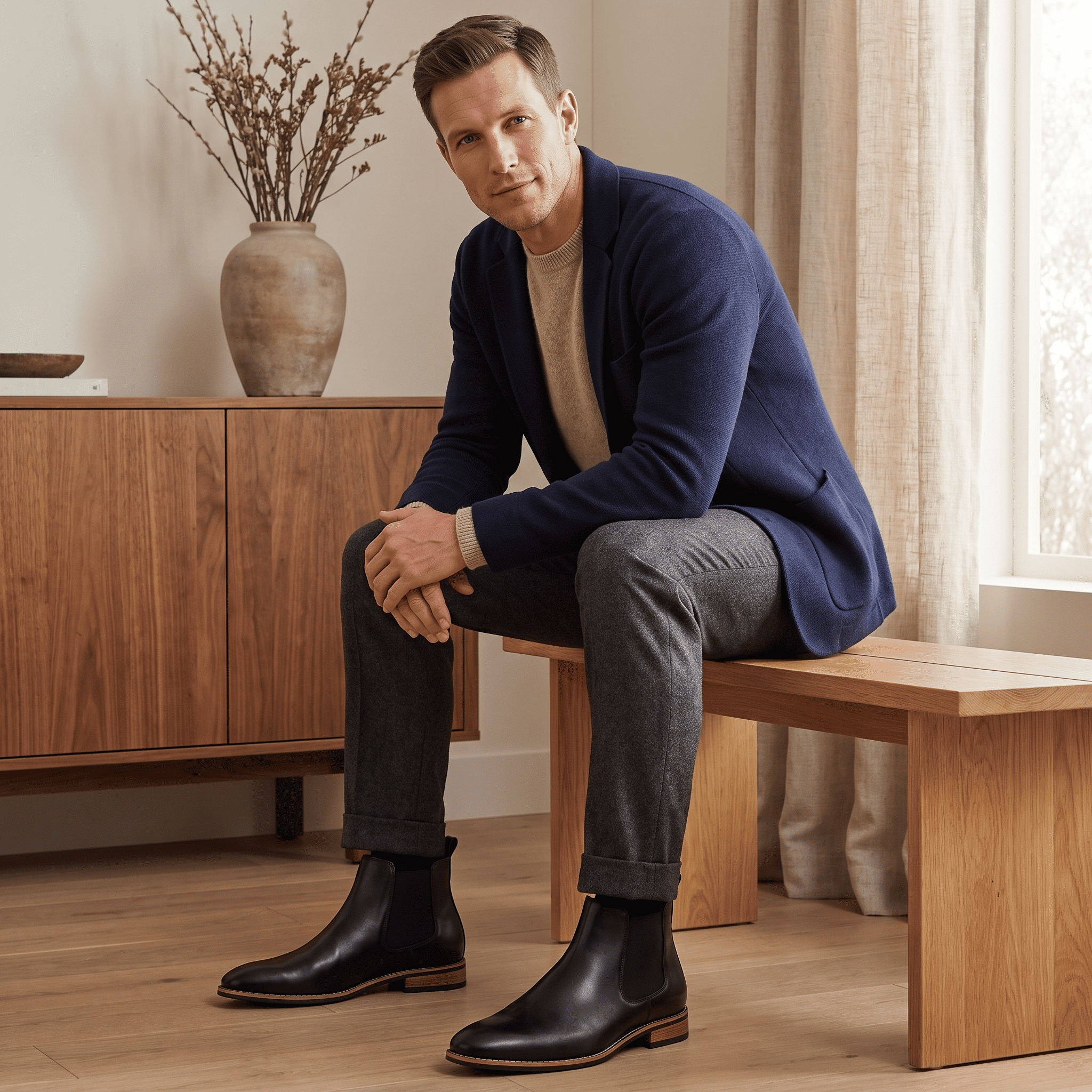 Man wearing black leather Chelsea boots while seated indoors, paired with dark trousers