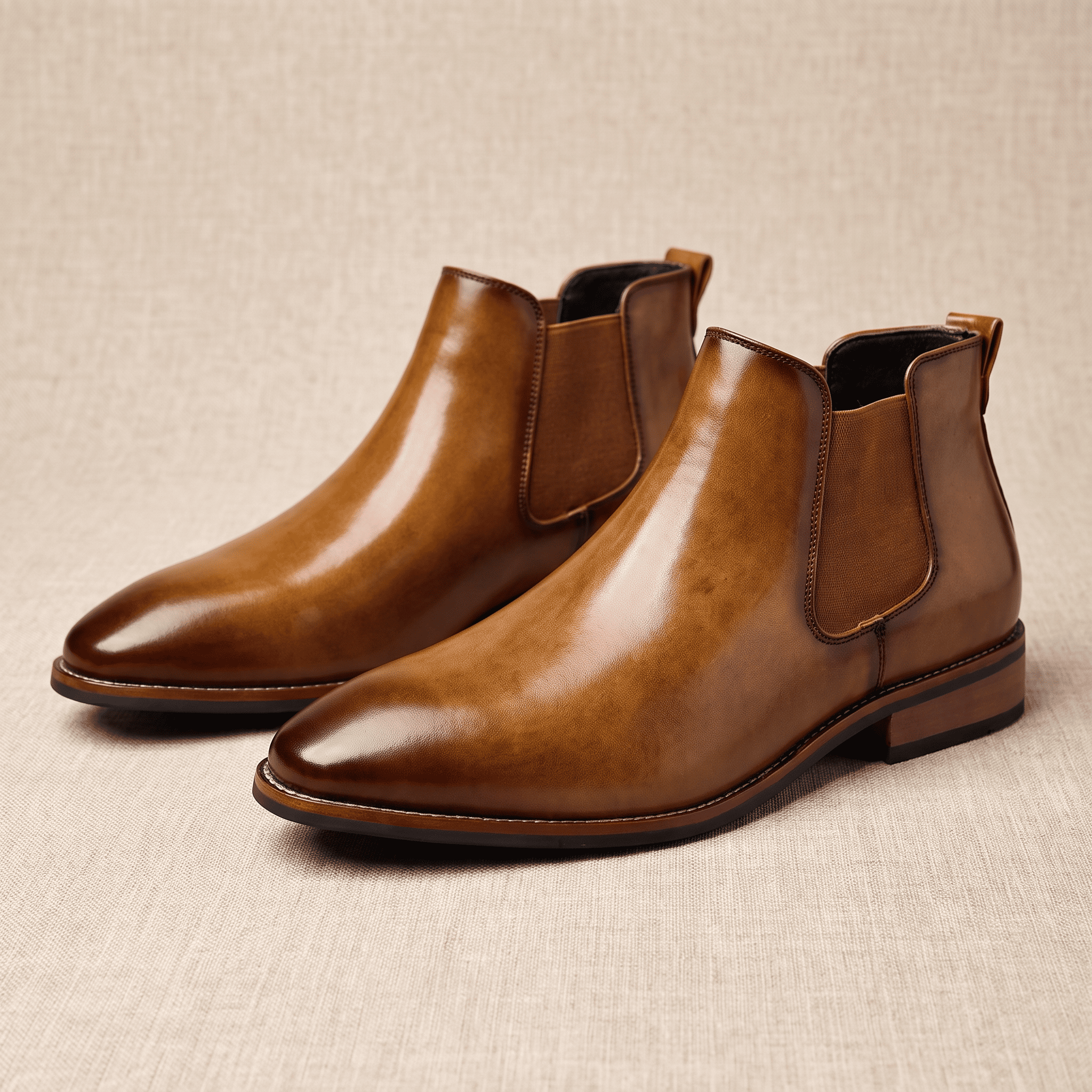 Pair of brown leather Chelsea boots displayed together, showing the elastic side panels and sleek pointed toes.