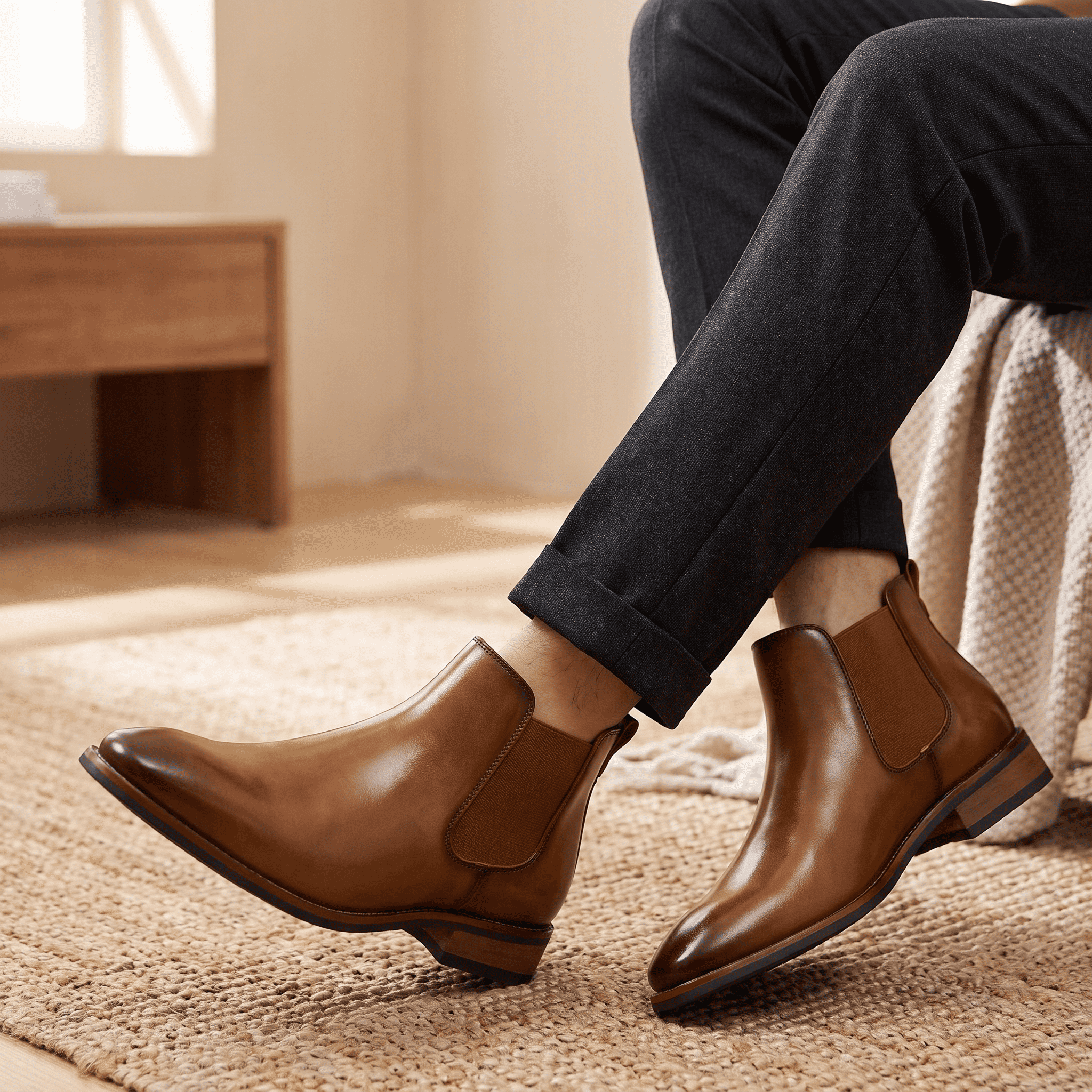 Person wearing brown leather Chelsea boots while seated, showing the side profile and ankle fit.
