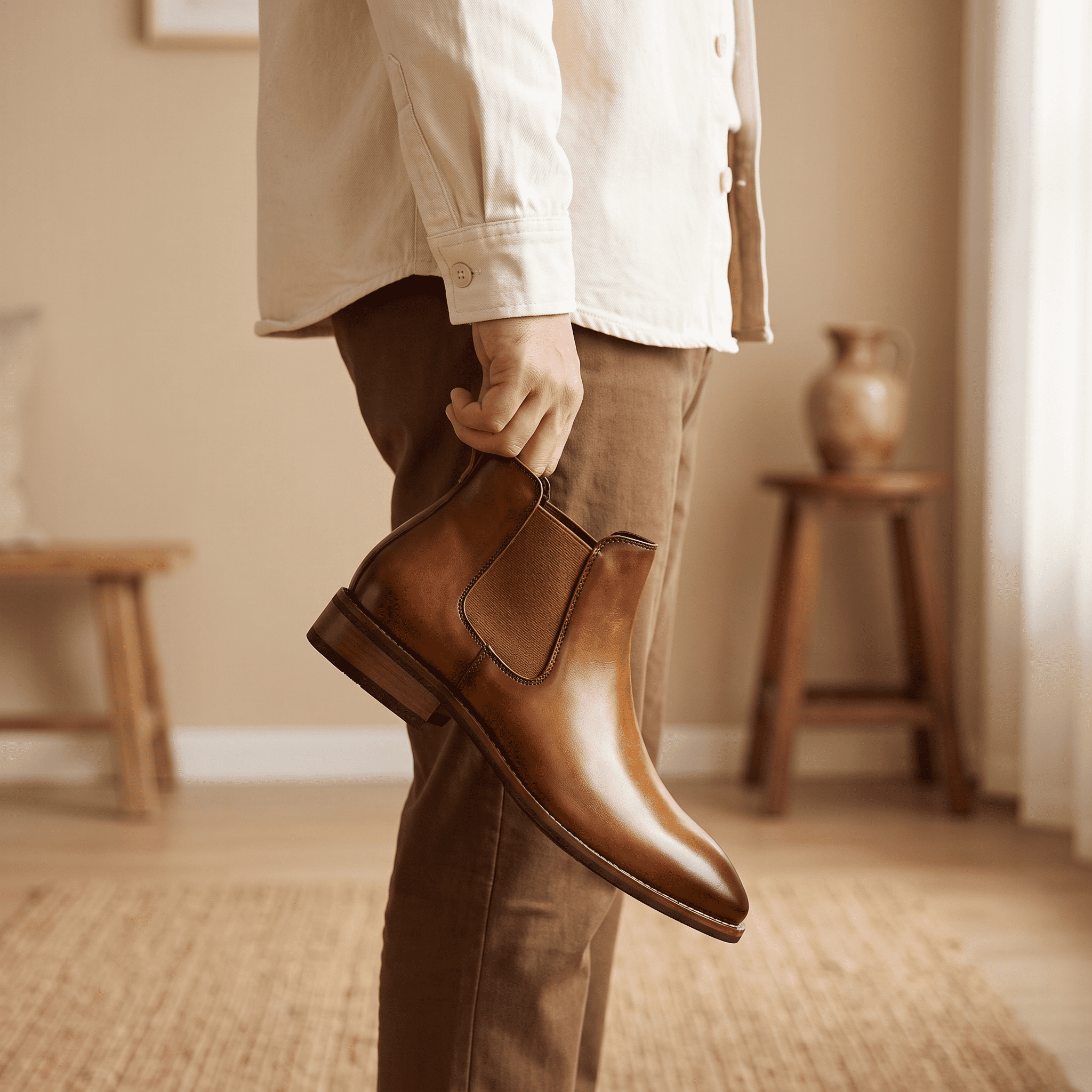 Person holding a pair of brown Chelsea boots indoors, highlighting the elastic panels and pull tabs.
