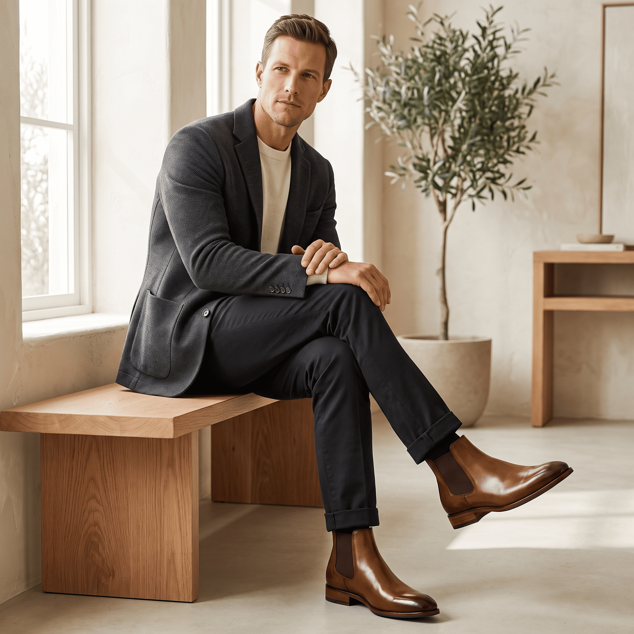 Man wearing brown Chelsea boots while seated indoors, showing the polished leather finish and sleek silhouette.